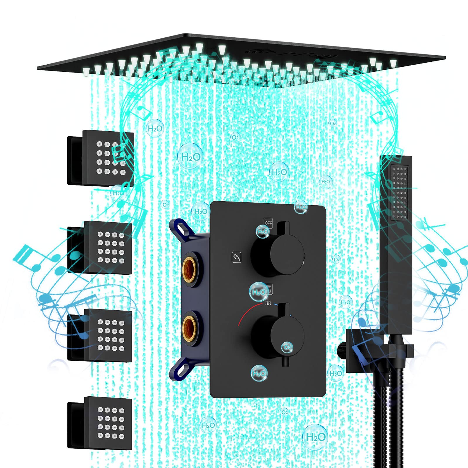 Photo 1 of Thermostatic Shower System with Body Jets,12 Inch Smart Full Body Shower System with Handheld,Ceiling Mount Overhead Rain Shower System with Bluetooth Music 64 Colours, Matte Black ***USED**** 
