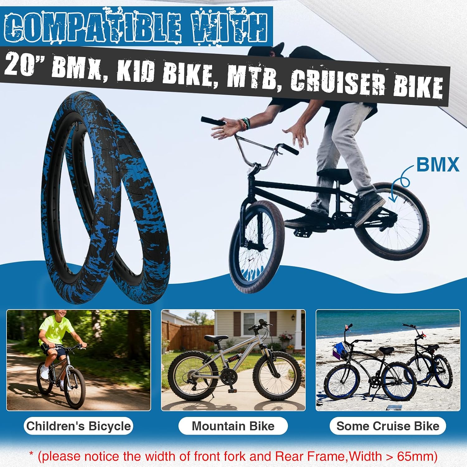 WEEROCK 20 Inch BMX Tire, 20 x 2.4 (64-406) Bike Tires, 2 Pack Folding Bead Replacement Tyre with Inner Tubes for 20" Bicycles, MTB, Mountain Bike, BMX, Dirt Jumper, Black/Blue Camouflage