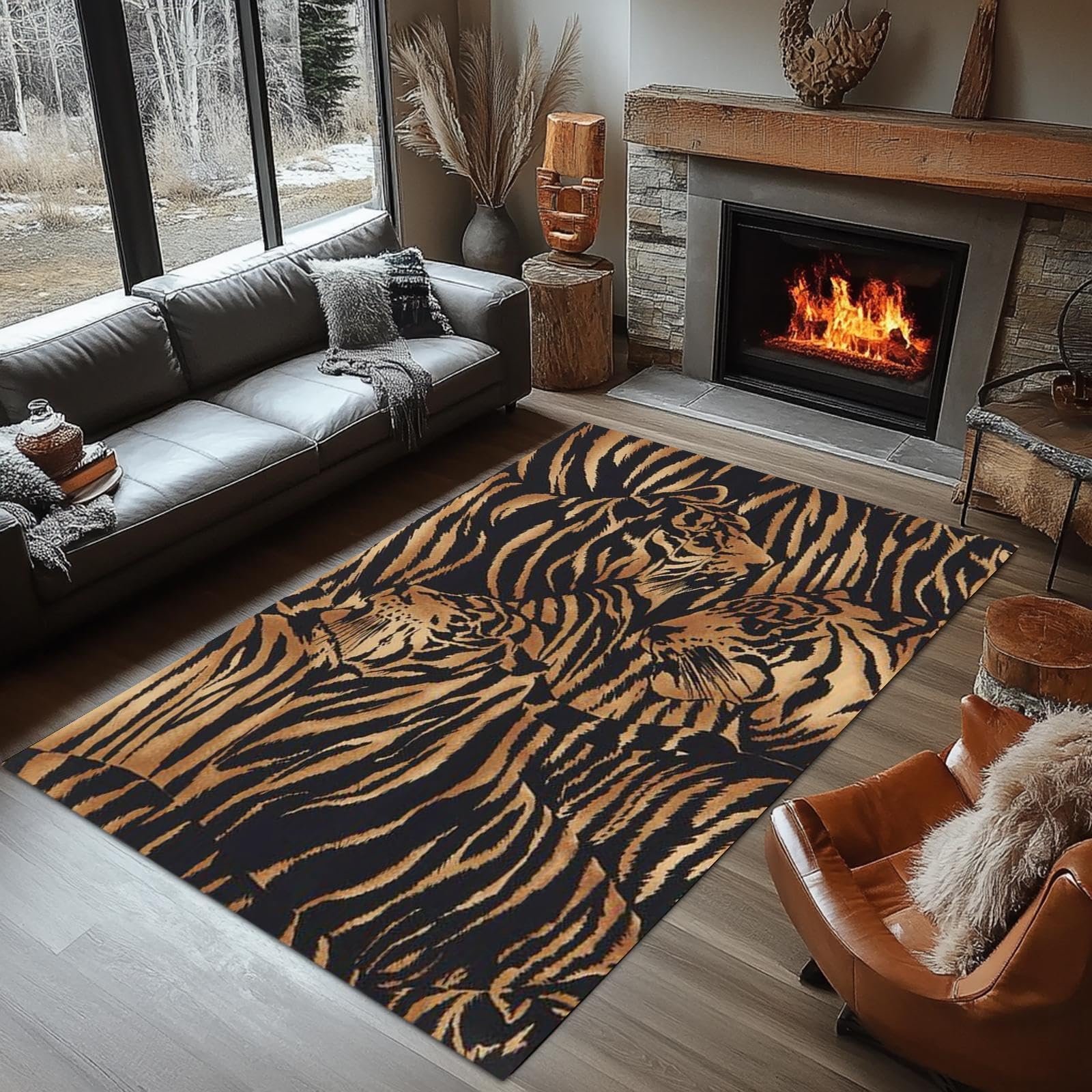 AOESELN 160x200 cm Animal Skin Pattern Rug,Tiger Pattern Living Room Rugs,Machine Washable Indoor Carpet with Non-Slip Backing for Bedroom, Bathroom, Living Room Soft and Durable Non-Shedding Mat