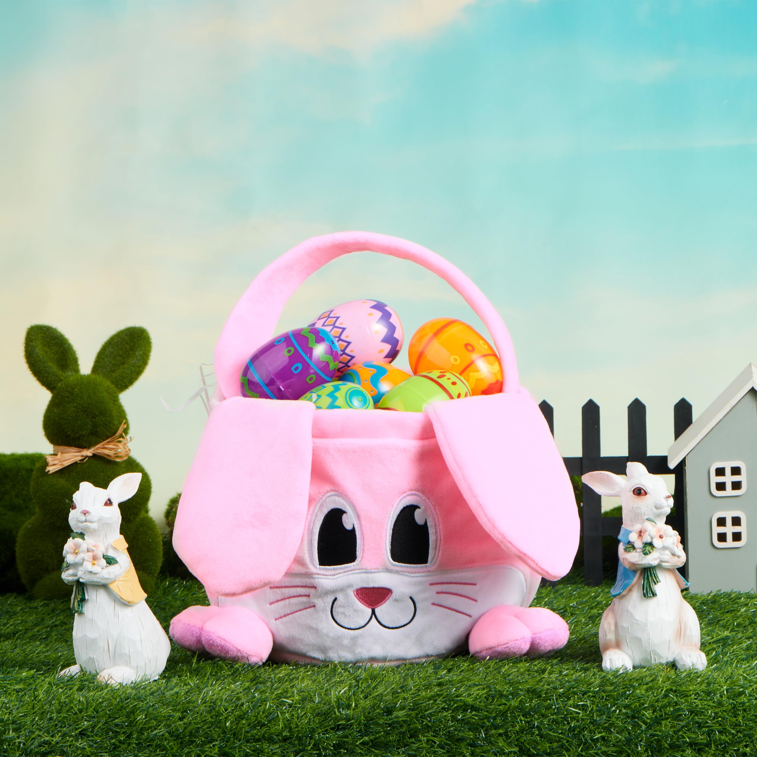 JOYIN Cestino rosa pasquale, 25,4 x 20,3 cm, con orecchie pieghevoli, cestino morbido vuoto con manico, regali di Pasqua per neonati, gioco di caccia alle uova per bambini, sacchetto di caramelle e
