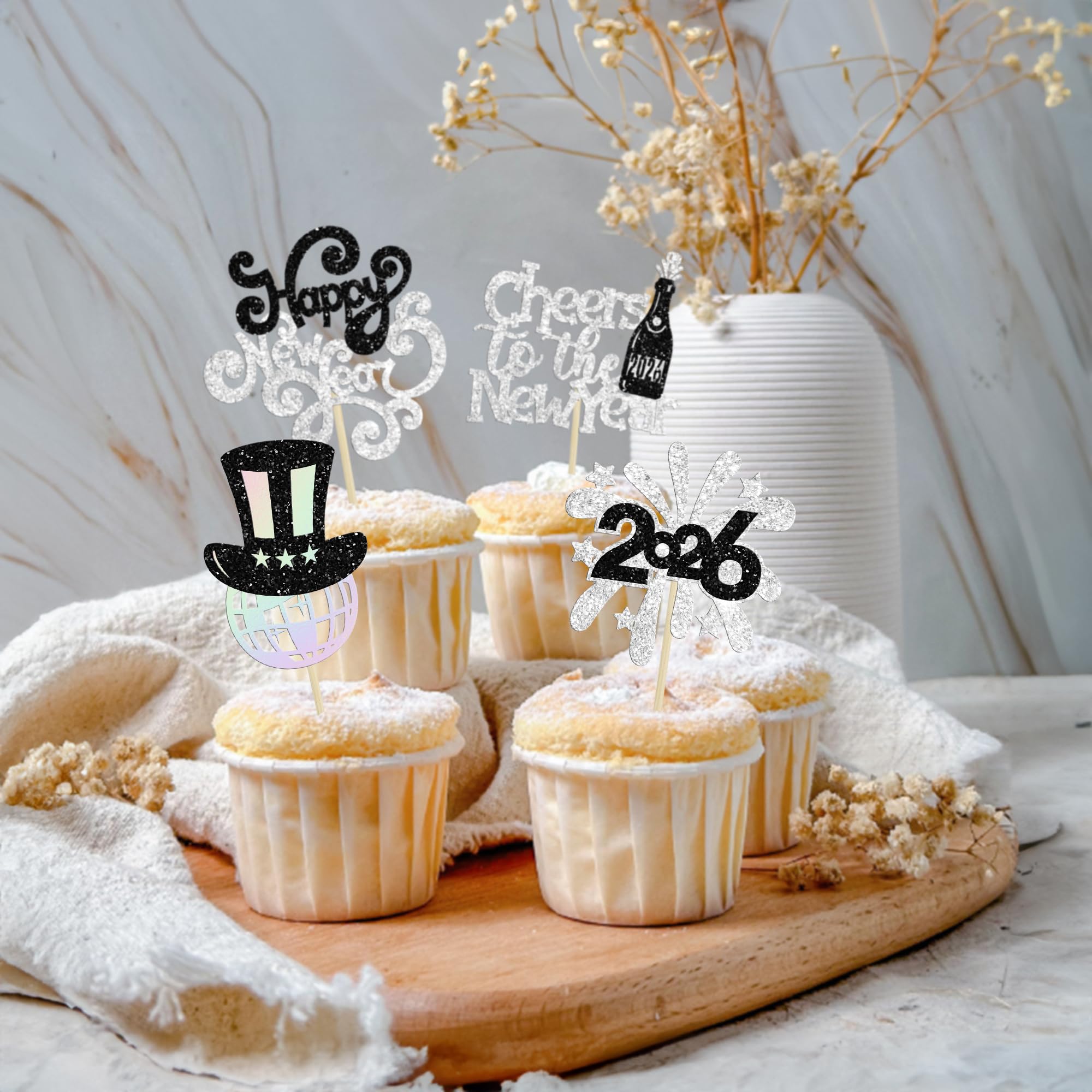 Ephlyn 24Pcs 2026 Happy New Year Cupcake Toppers Glitter Fireworks Cheers to 2026 Cupcake Picks for Welcome 2026 Happy New Year Theme Holiday Party Cake Decorations Supplies Laser Silver - Image 4