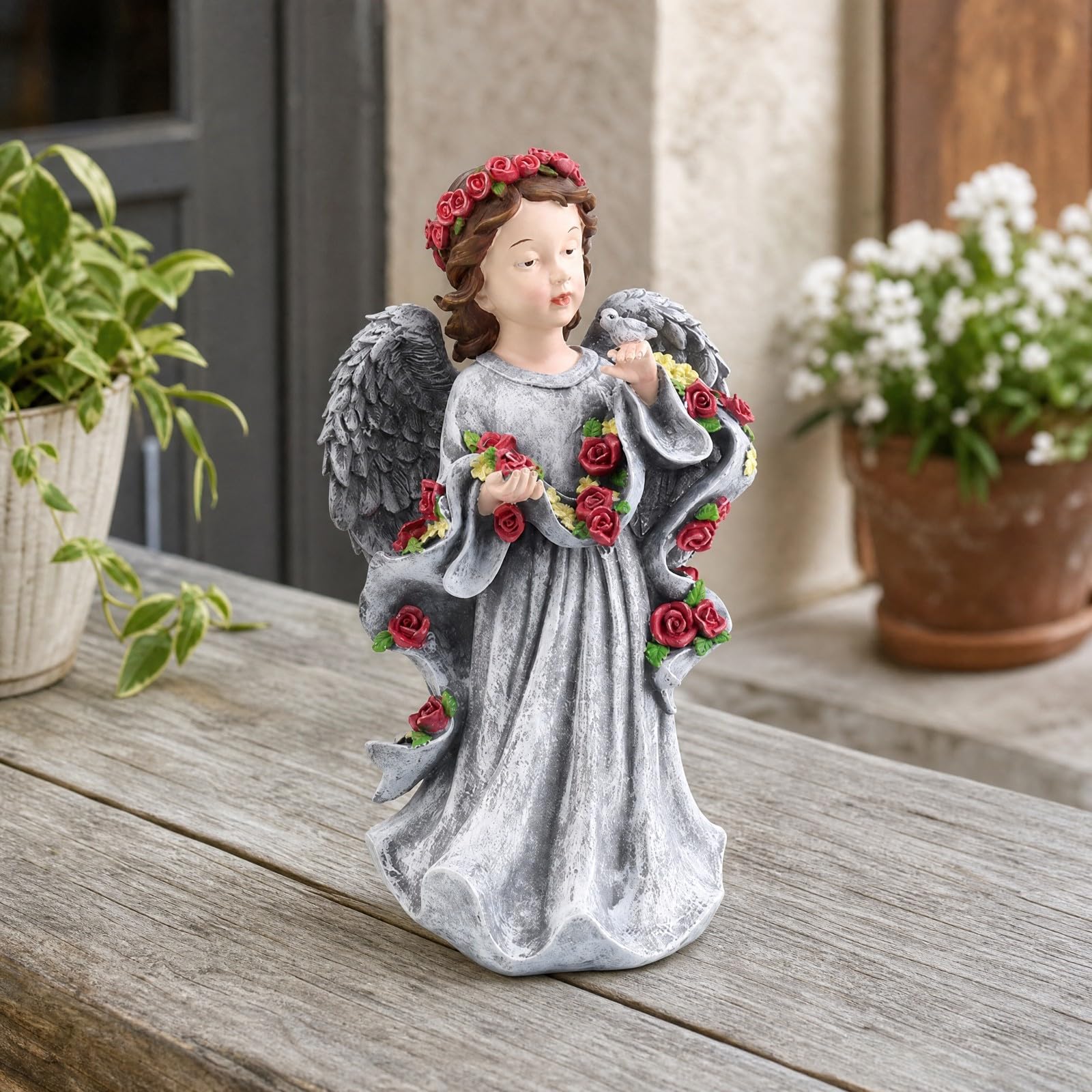 Statua da Giardino Celestiale Compatto Angelo Decorativo in Resina Durevole Figurina Celestiale con Decorazioni Floreali per Aiuola, Agnello Angelo