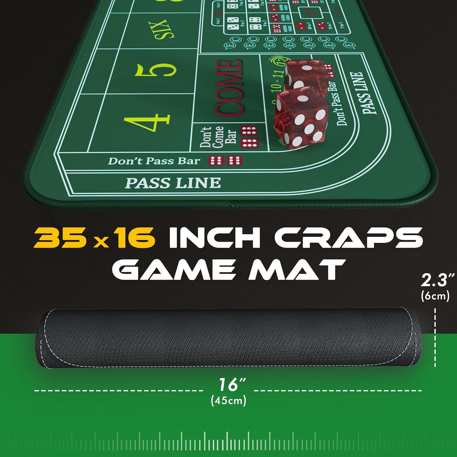 Craps Mat 35" x 16" Craps Table Top Set Mini Craps Table Mat Craps Table Top Mat with 2 Casino Dice Craps Game Layout Casino Games for Adults