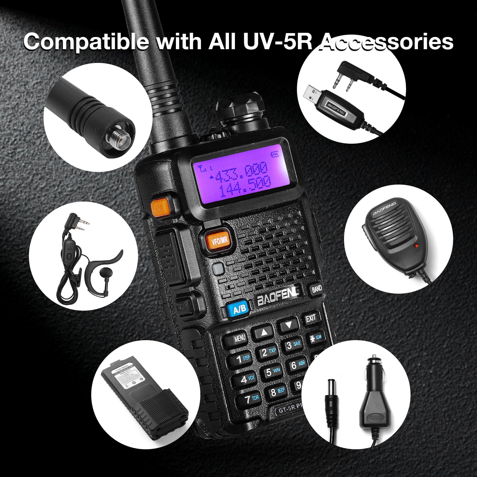 BAOFENG Chirp GT-5R Pro Talkie-walkie Dual Band pour UHF VHF 144-146/430-440 MHz, grande portée avec mémoire pour 128 canaux, batterie 1800 mAh, casque pour adulte