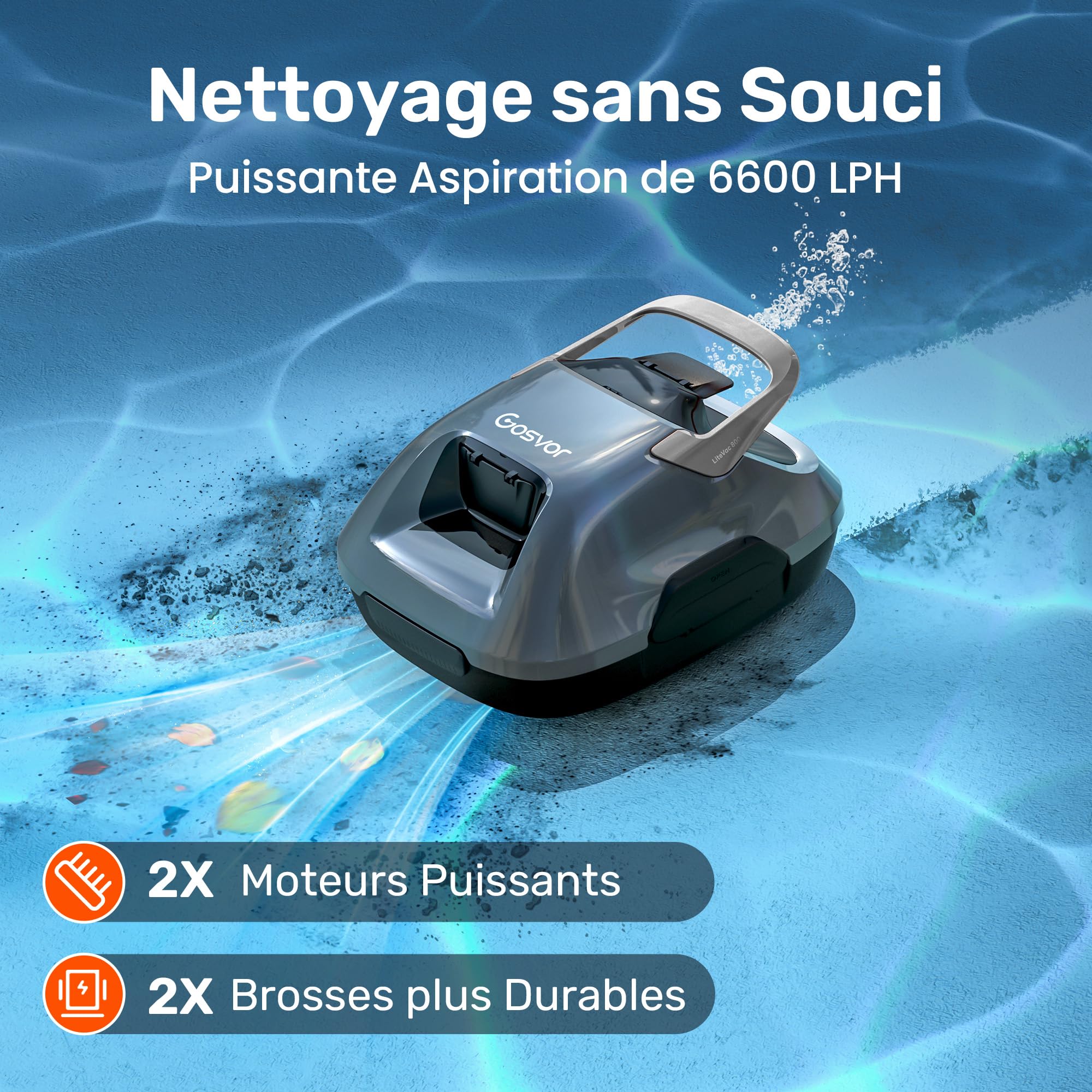 Gosvor Robot Piscine sans Fil, Aspirateur Automatique Piscine Hors Sol, 90 Min d’Autonomie, Retour Automatique, Portable, Robot de Piscine Jusqu’à 80 m²