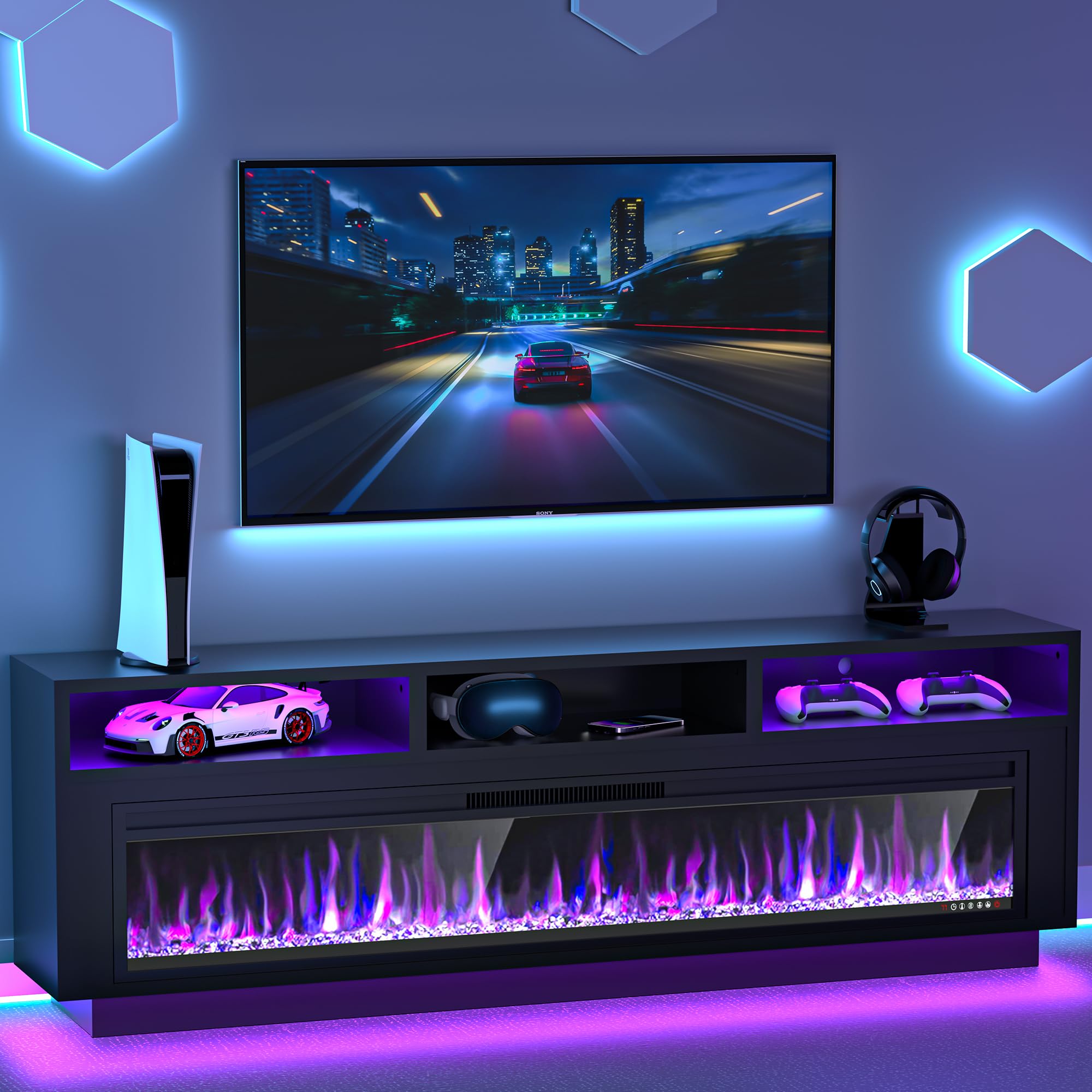 Ancohom 58" TV Stand for TVs up to 65 Inches,with 52" Electric Fireplace,Media Entertainment Center with Adjustable Electronic Flame and LED Lights