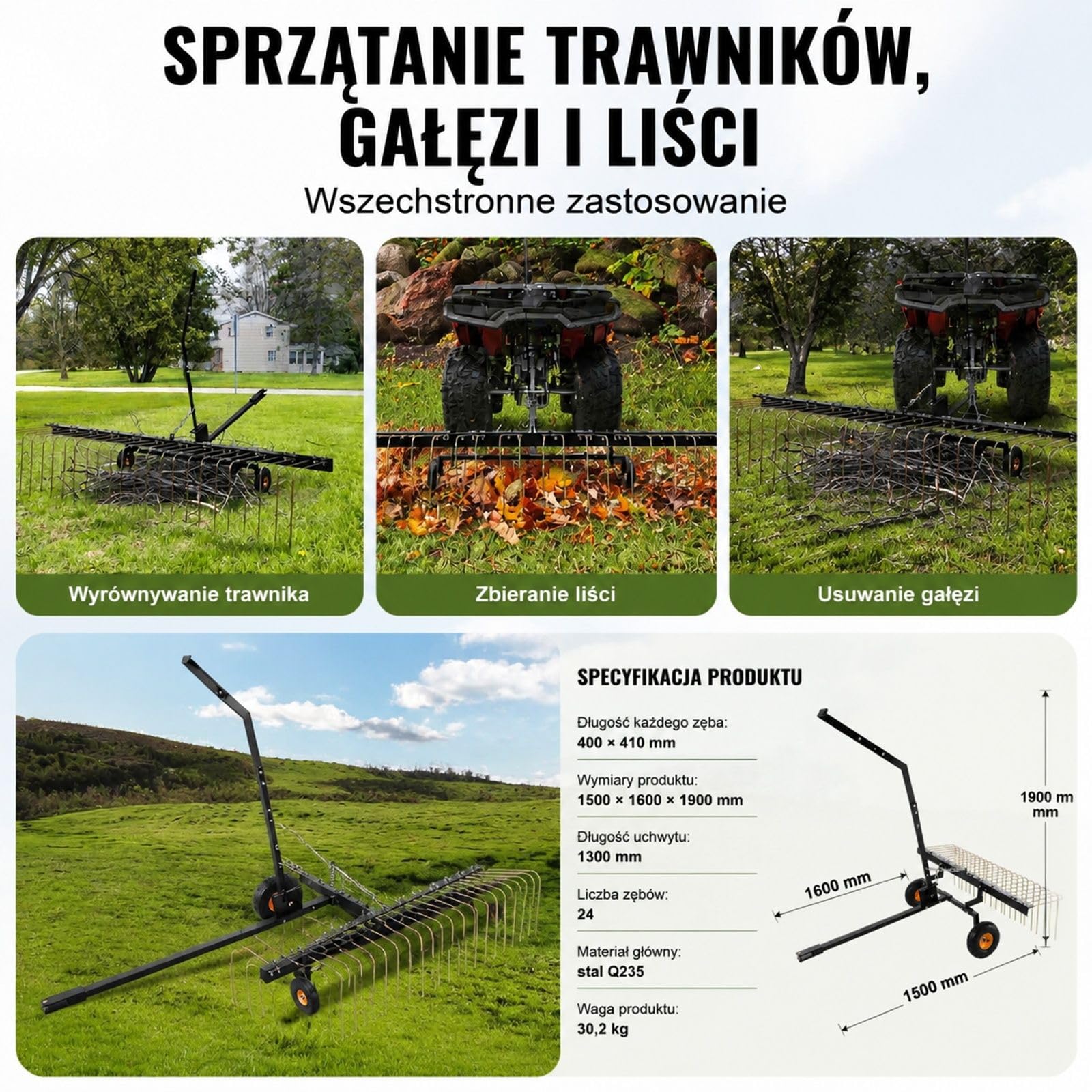 Wertykulator do trawnika z 24 zębami, do mchu, darni i ogrodu