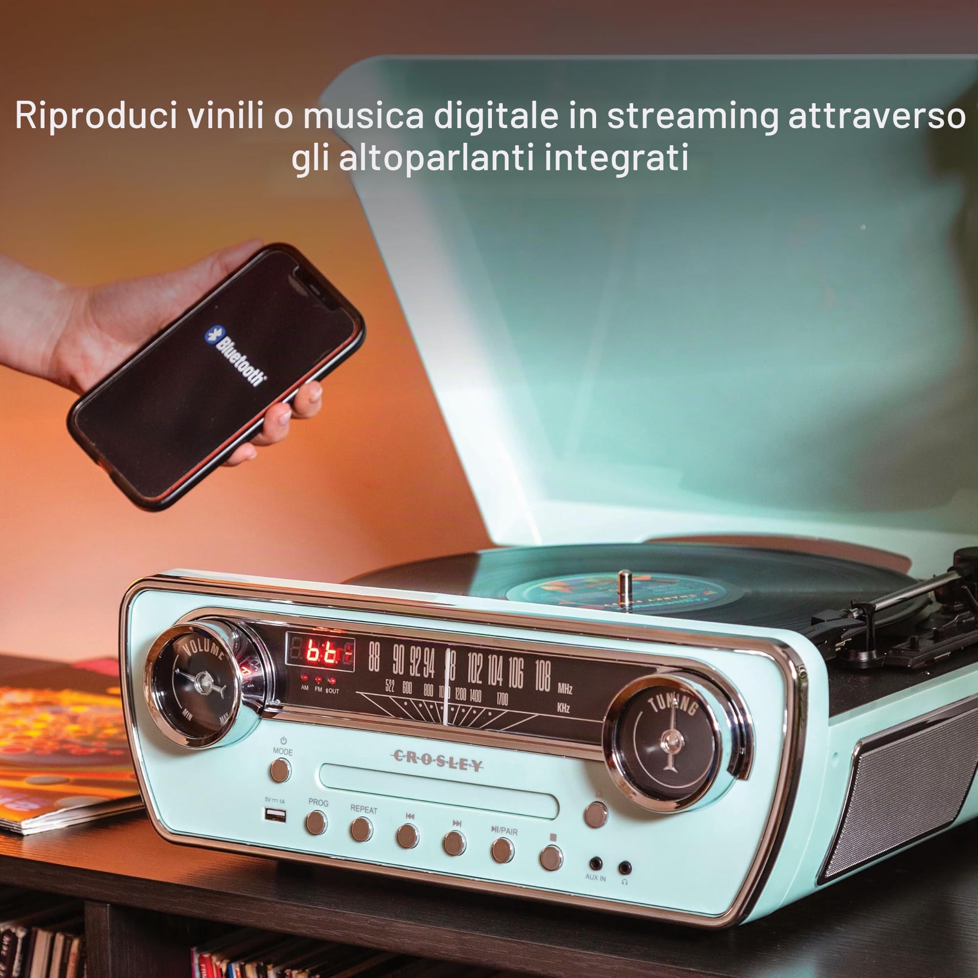Crosley Powel - Giradischi 7 in 1 con altoparlanti e lettore CD, design vintage con Bluetooth, sistema di intrattenimento con radio AM/FM, stile retrò Aqua per musica in vinile, digitale e wireless