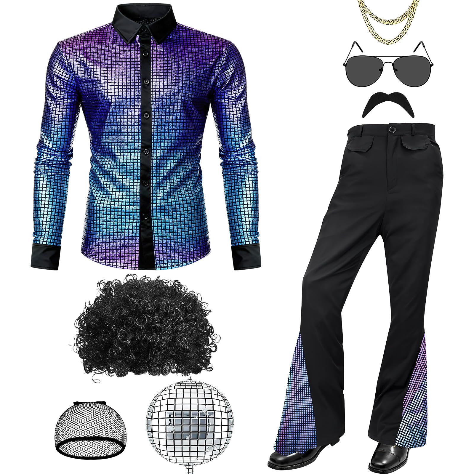 Malloom 70s Disco Outfit for Men 60s Costume with Retro Shirt Bell Bottom Pants Wig Necklace Sunglasses Mustache (M)