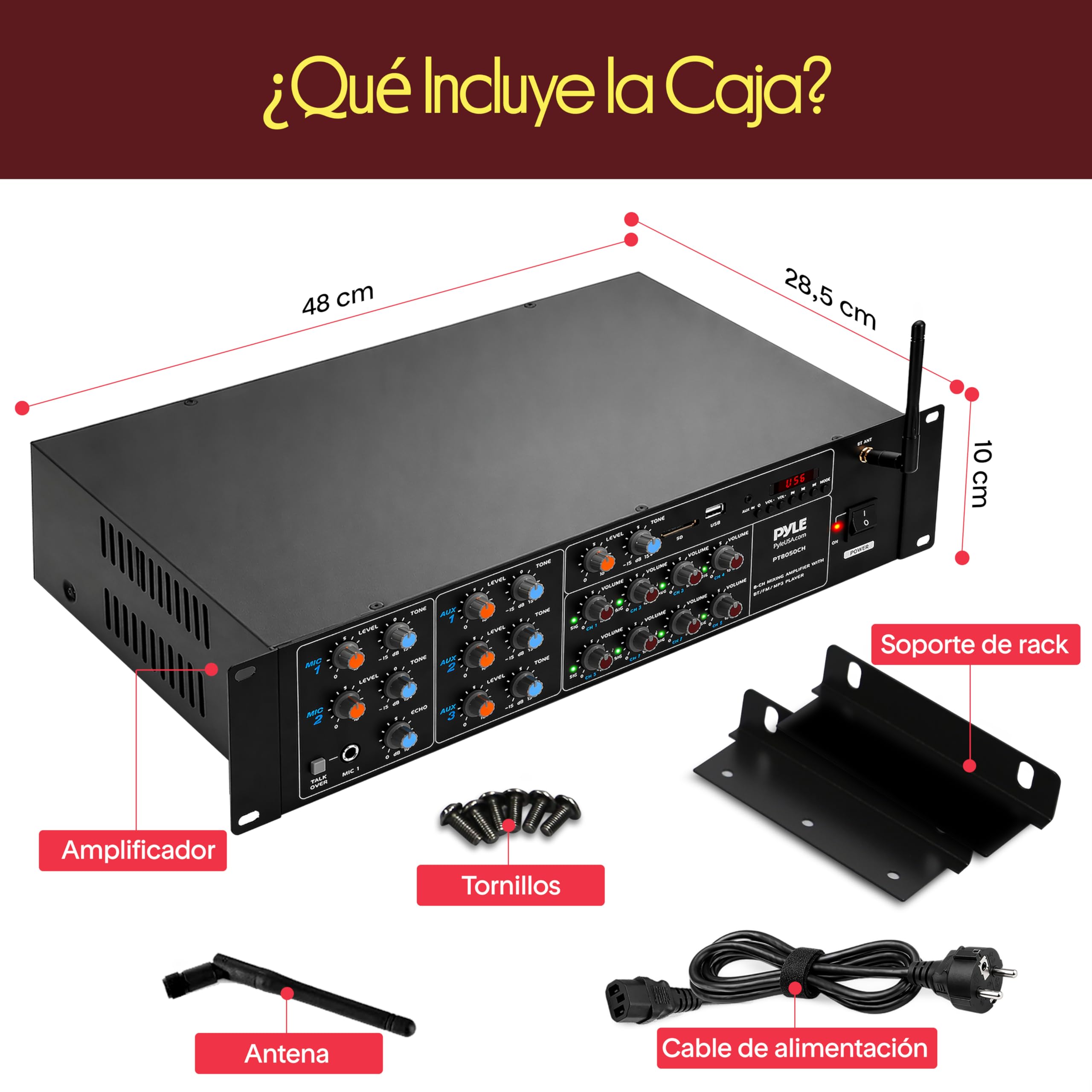 Pyle Amplificador de Sonido, 4000W, Bluetooth, Inalambrico, Sistema de Caja de Receptor Estereo, para el hogar, 8 Canales, RCA, USB, AUX, Altavoces, PA, Teatro, Estudio, Escenario