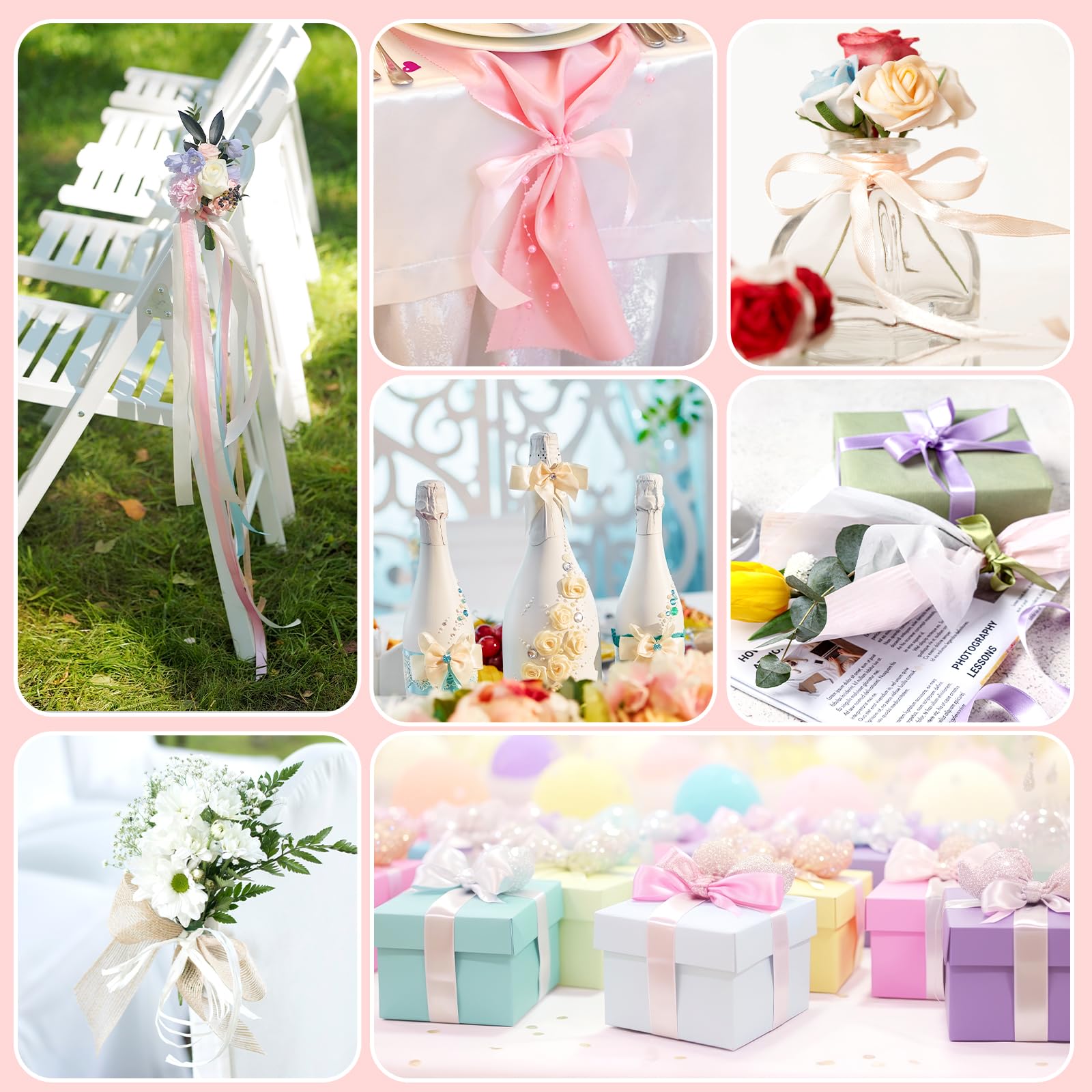Nastro Di Raso Double Face Pastello 3,8 Cm X 27,4 M - 6 Rotoli Colori Assortiti Per Decorazioni, Confezioni Regalo, Artigianato E Feste (Pasqua, Matrimoni, Compleanni)