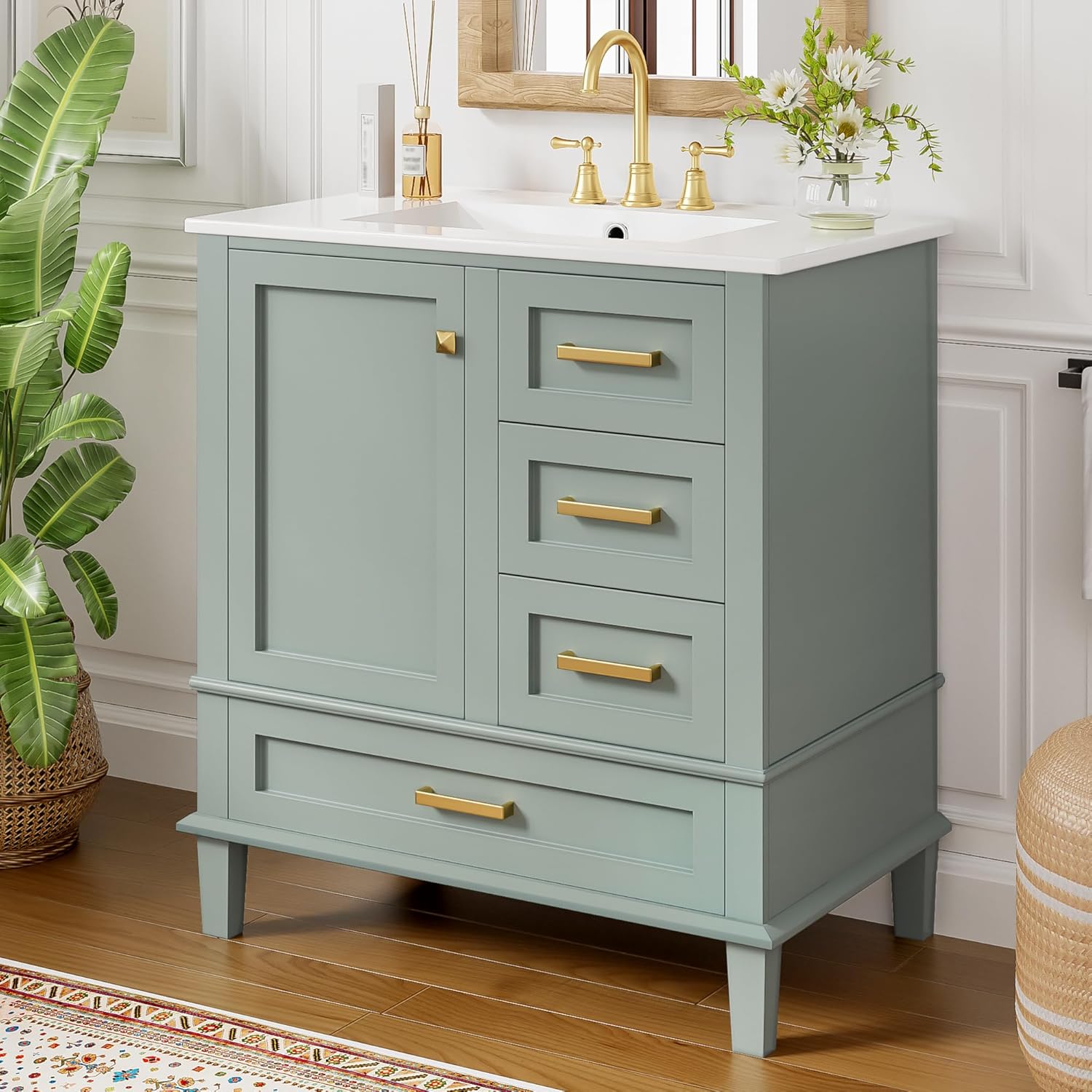 Mirightone 30" Bathroom Vanity with Sink, 30 in Vanity with Sink for Bathroom, Modern Bathroom Vanity with Sink 30 Inch, 30 Restroom Vanity with Sink, 3 Drawers and 1 Soft Closing Door (Light Green)