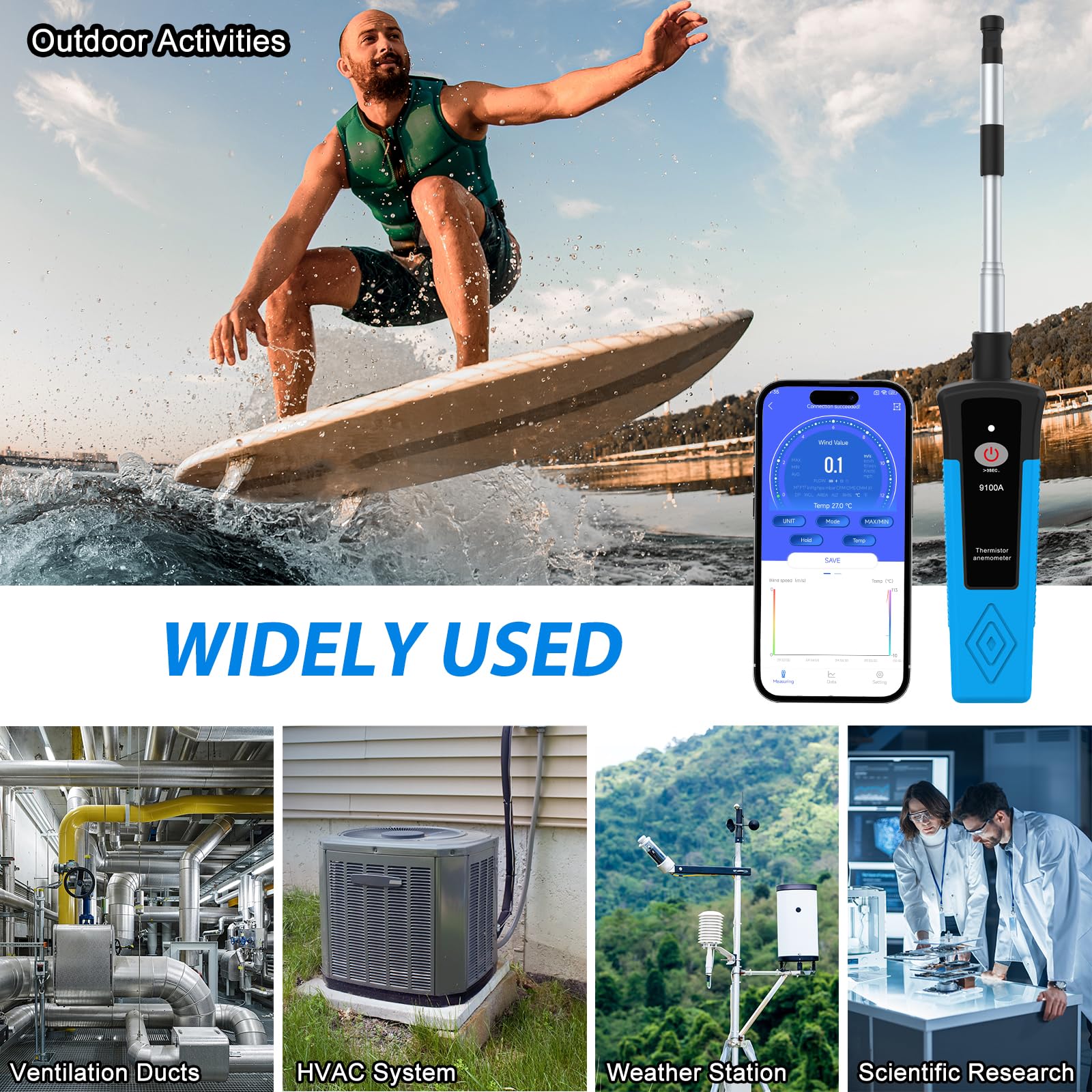 Anémomètre à fil chaud portable Bluetooth avec sonde télescopique, mesure débit d'air CFM 1-99,5 mph, température