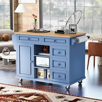 Kitchen Rolling Cart with Rubber Wood Top Mobile Kitchen Island with Storage and 5 Drawers Portable Mobile Buffet Storage Cabinet with Spice Rack and Towel Rack for Dining Room Bar