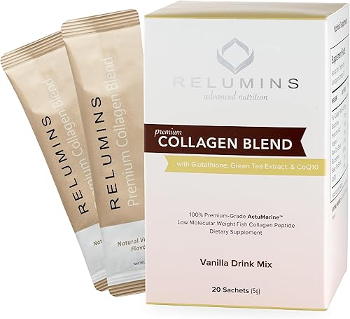 Miniatura 11 de Relumins Marine Collagen Drink Mix 5000mg Péptidos Tipo I, II, III con glutatión, té verde, CoQ10 y ácido hialurónico para una piel suave