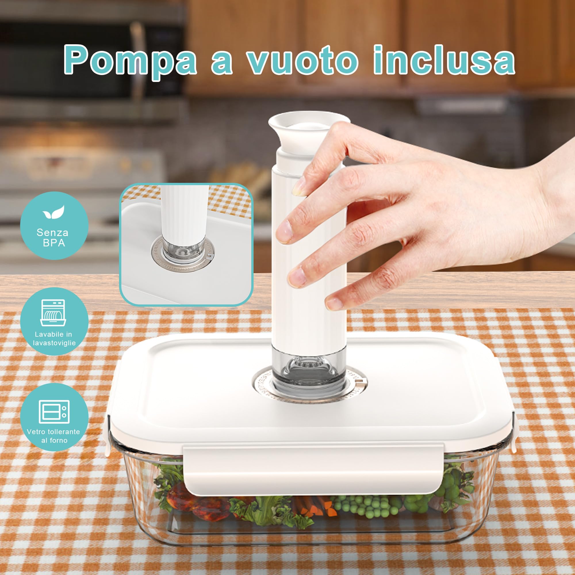 Set di 4 Contenitori Alimentari Ermetici in Vetro con Pompa a Vuoto - Indicatore di Data Integrato - Senza BPA, Anti-Odore - Per Forno, Microonde, Lavastoviglie e Congelatore (L)