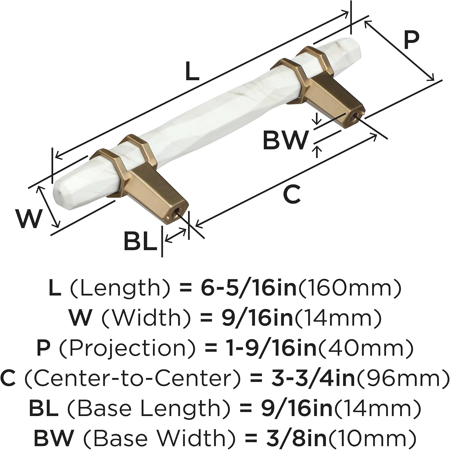 Amerock | Cabinet Pull | Marble White/Golden Champagne | 3-3/4 inch (96 mm) Center to Center | Carrione | 1 Pack | Drawer Pull | Drawer Handle | Cabinet Hardware