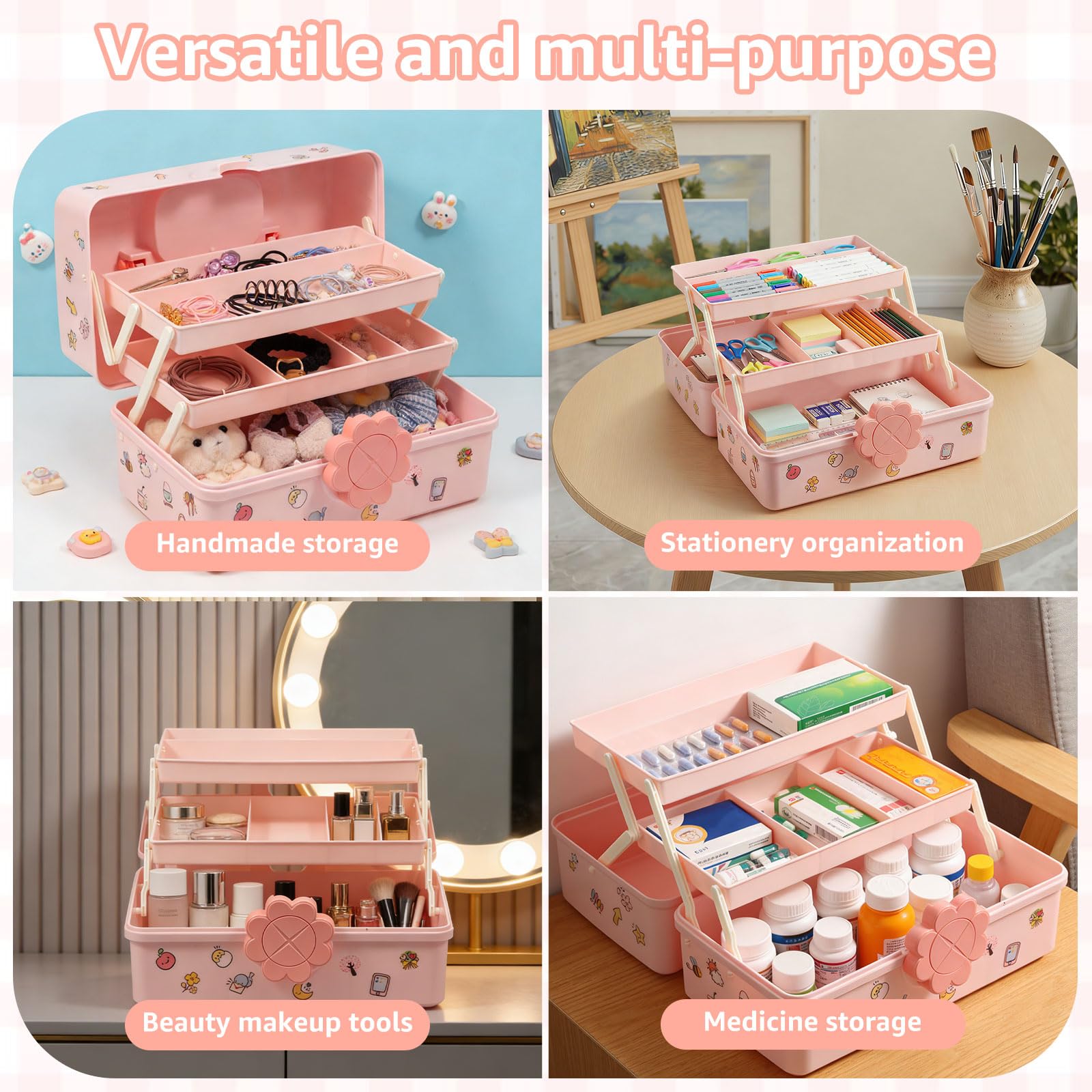 Haar-Accessoires-Organizer für Mädchen und Frauen, Rosa, 3-lagig, Mehrzweck-Aufbewahrungsbox mit abschließbarem und Griff, niedlicher Haar-Accessoire-Organizer, tragbare Bastelaufbewahrungsboxen zum