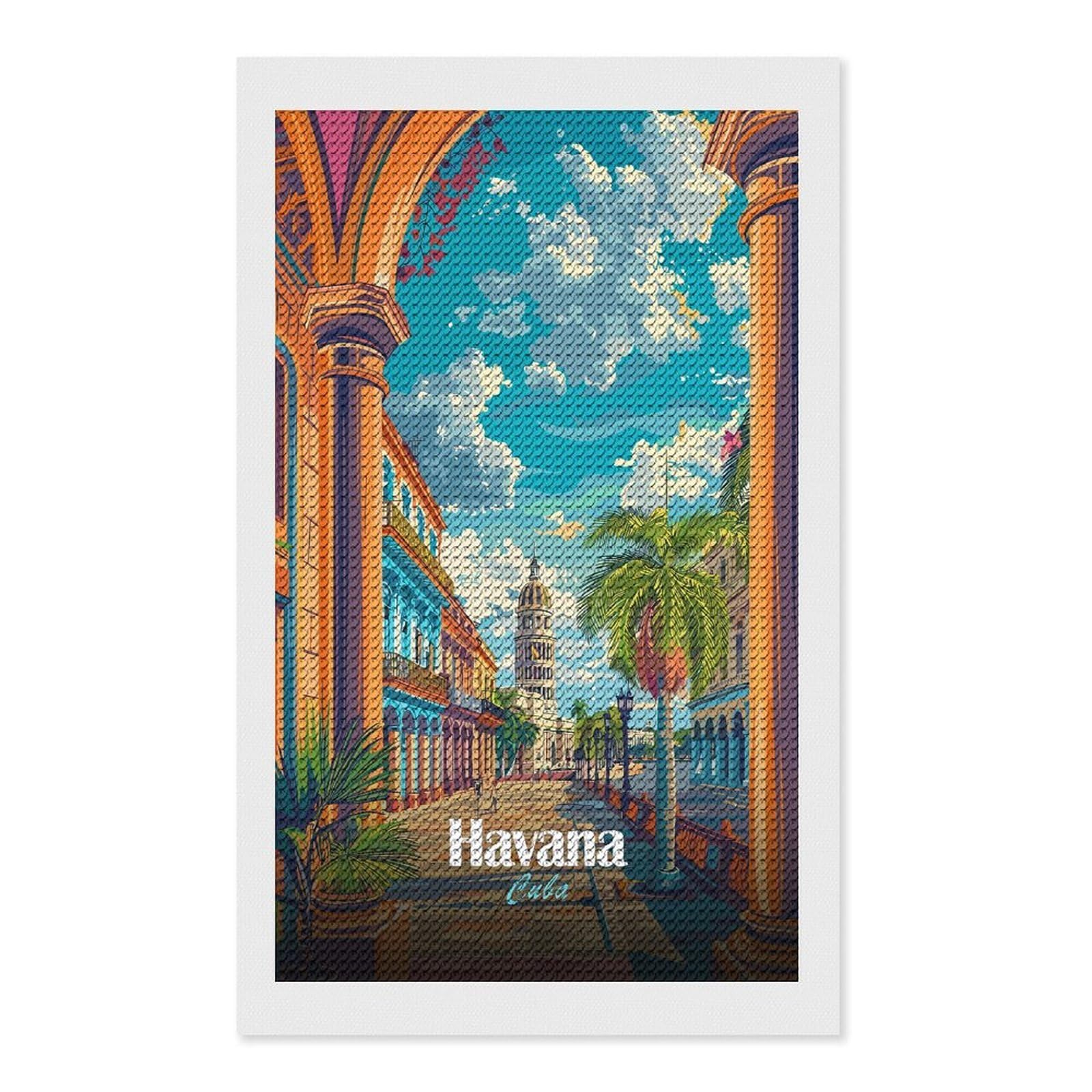 Junmoney Colorful Havana Cuba Cityscape Illustration Diamond Painting Canvas Set 12"x20", for Women, Mindful Craft Activity, Cosy Home Accent, Festive Craft Gift