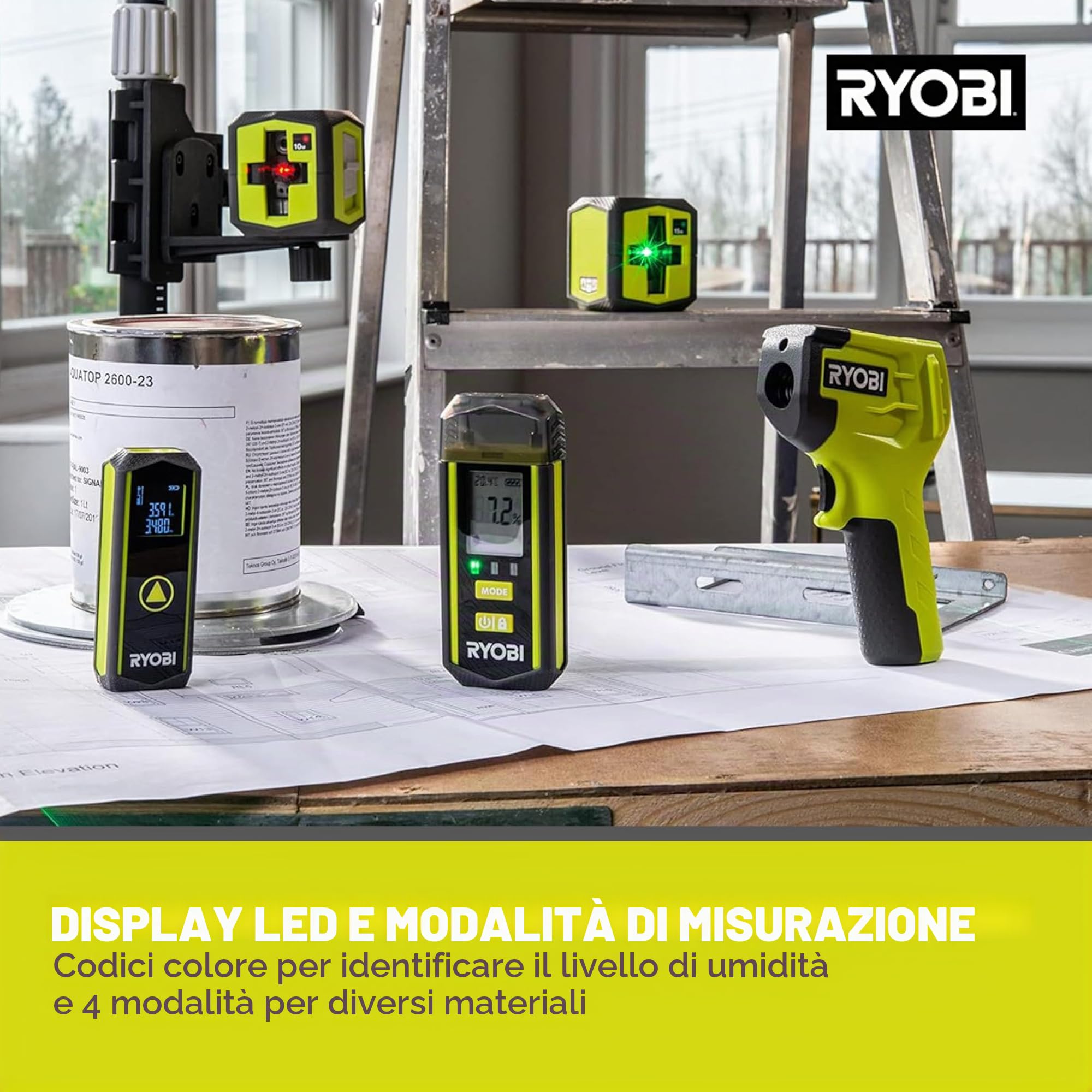 Ryobi RBPINMM1, Misuratore di Umidità, Batteria 18V ONE+ Non Inclusa, Include un Coperchio per Puntali, Adatto per Vari Materiali, Anche per Punti Difficili da Raggiungere