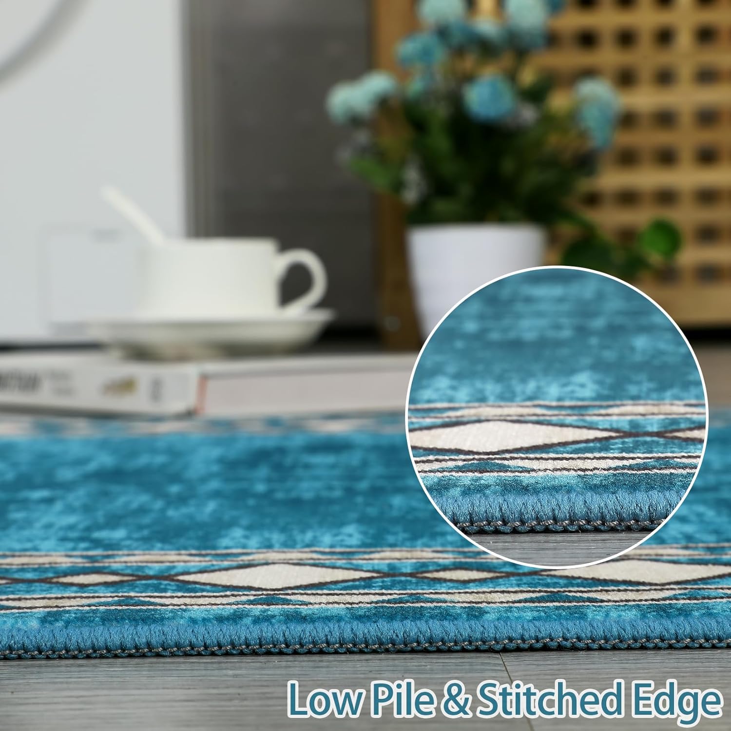 CAROMIO Area Rug 5x7 Machine Washable Modern Bordered Stain Resistant Non-Slip Accent Minimalist Border Table Farmhouse Floor Cover, Teal