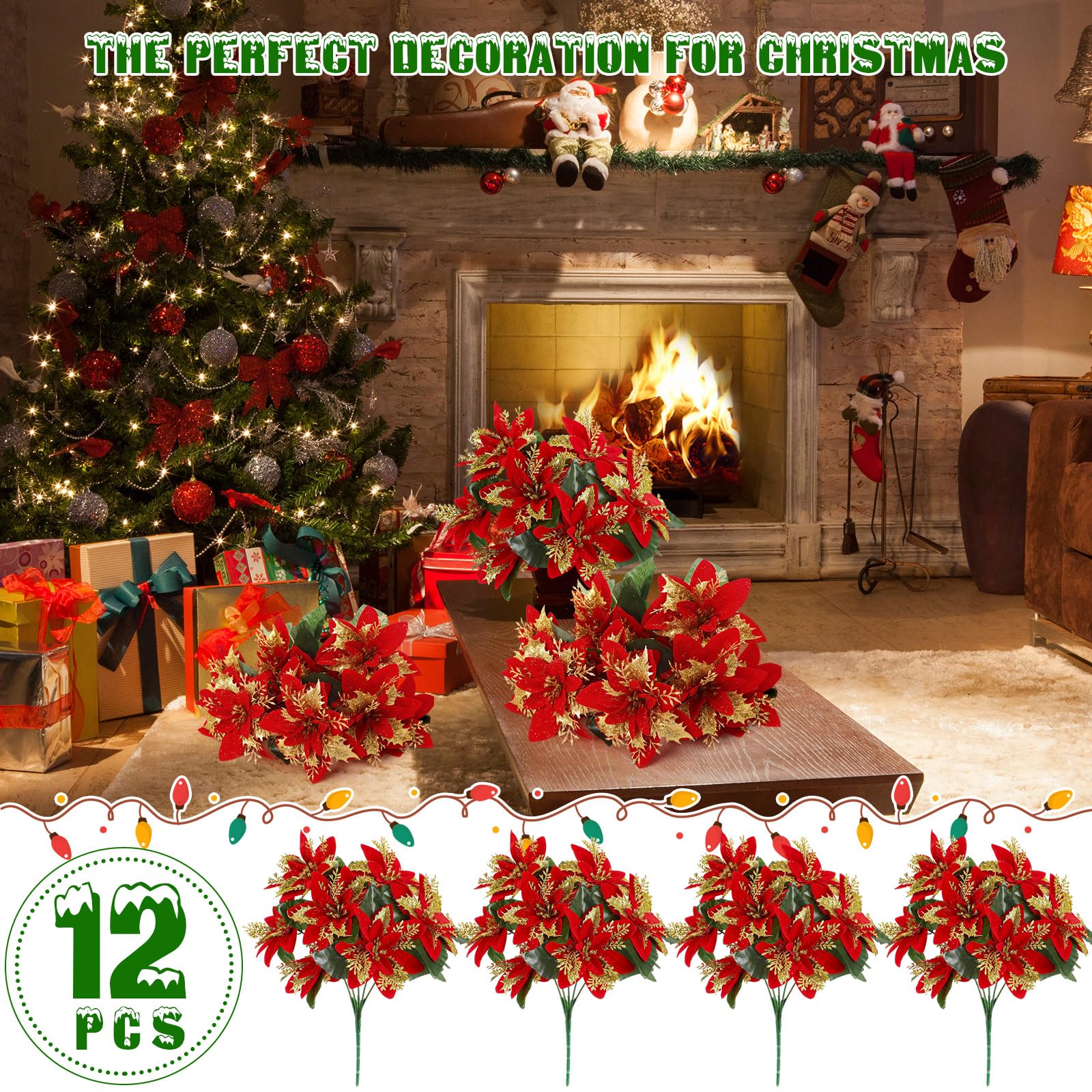 Hotop 12 paquetes de arbustos artificiales de Pascua con purpurina de Navidad de 12.6 pulgadas, arbustos de flores de pascua, plantas de pascua, adornos de decoración de Navidad para interiores y