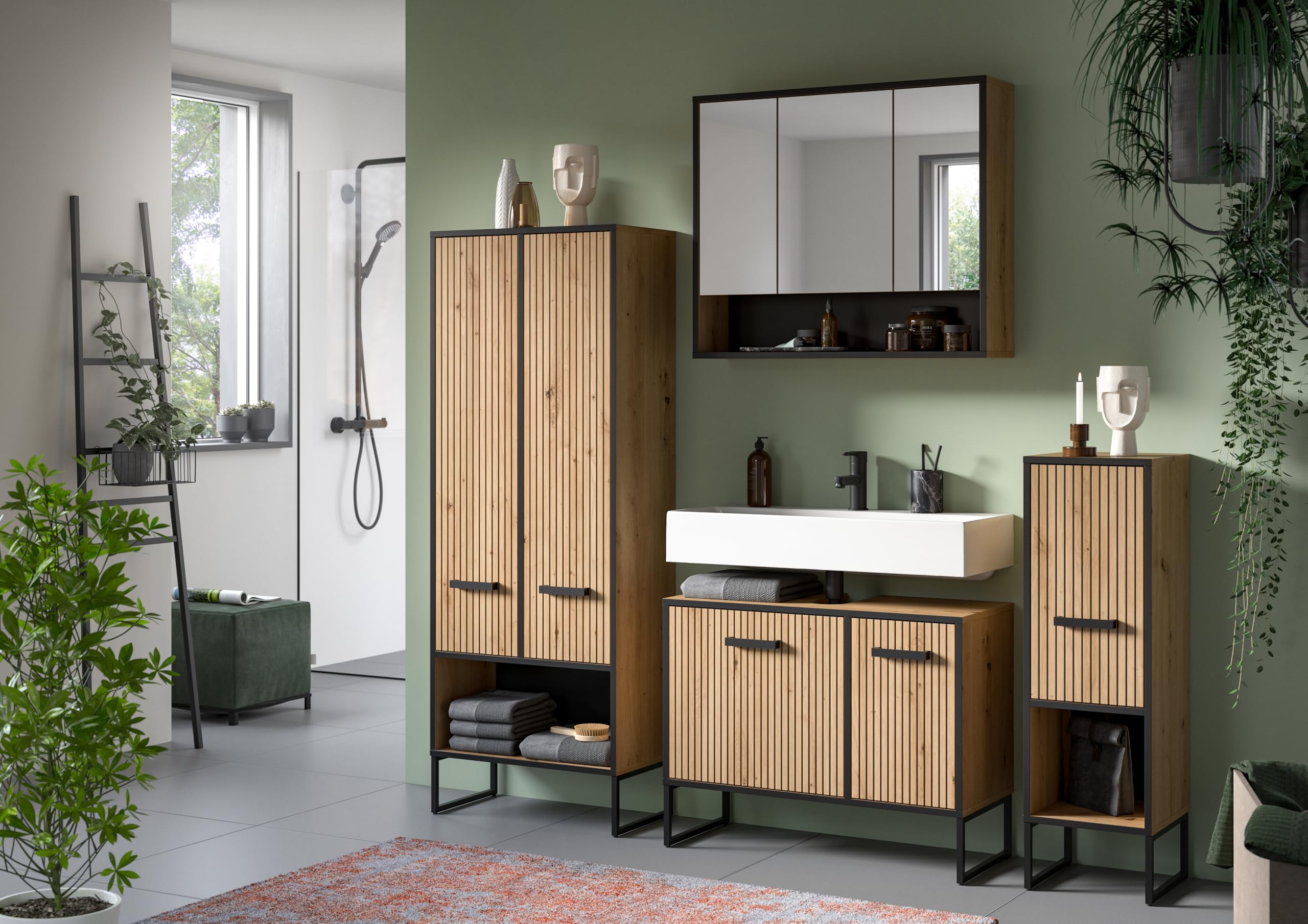 xonox.home Szafka pod umywalkę Bagno 80 x 63 x 36 cm z imitacji Artisan Oak – szafka dolna z 2 drzwiami, 4 półkami i wycięciem na syfon – dużo miejsca pod umywalką, wytrzymała i nowoczesna konstrukcja