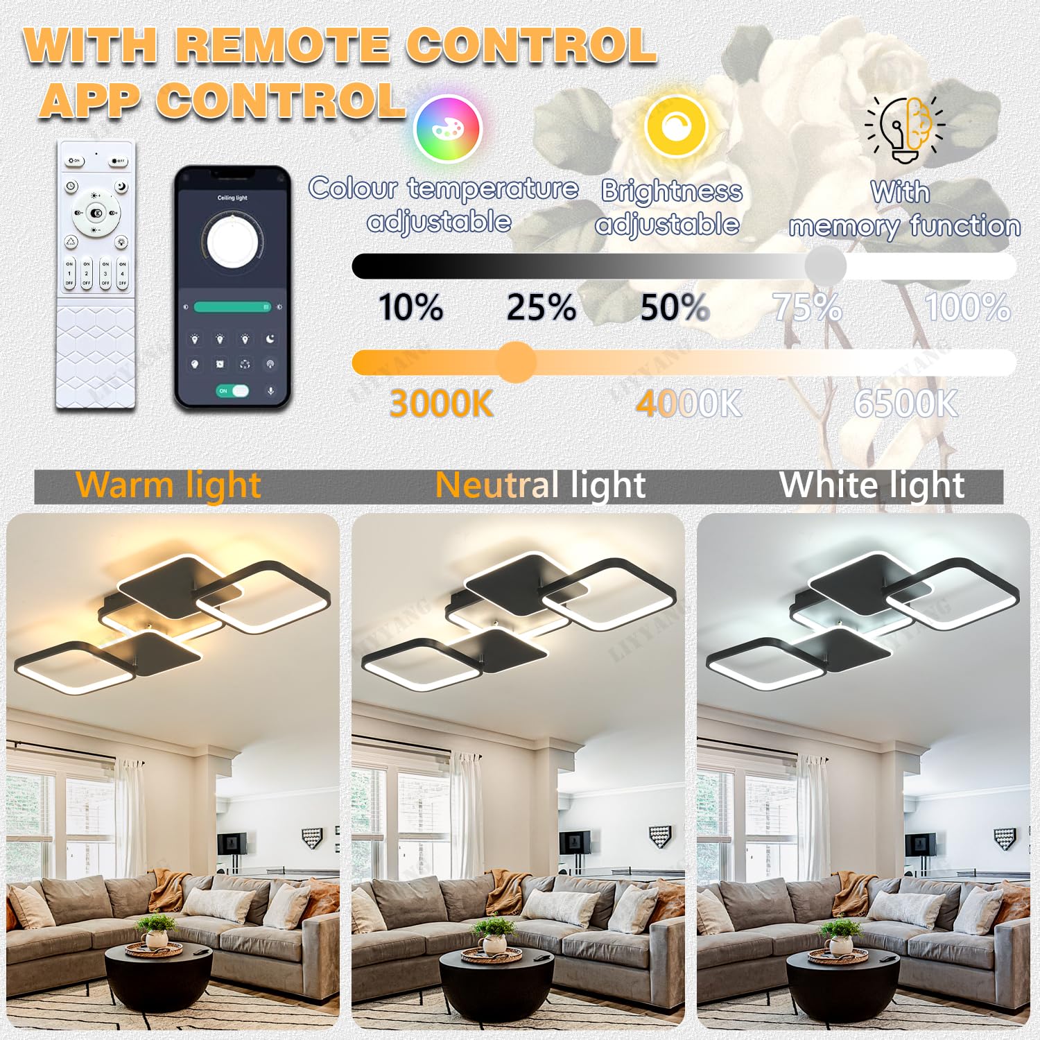 Kreative LED Deckenleuchte Dimmbar Deckenlampe Wohnzimmer Schlafzimmerbeleuchtung Mit Fernbedienung APP Decke Licht Moderne Variable Form Deckenbeleuchtung für Esszimmer Küche Büro (Schwarz, Quadrat)