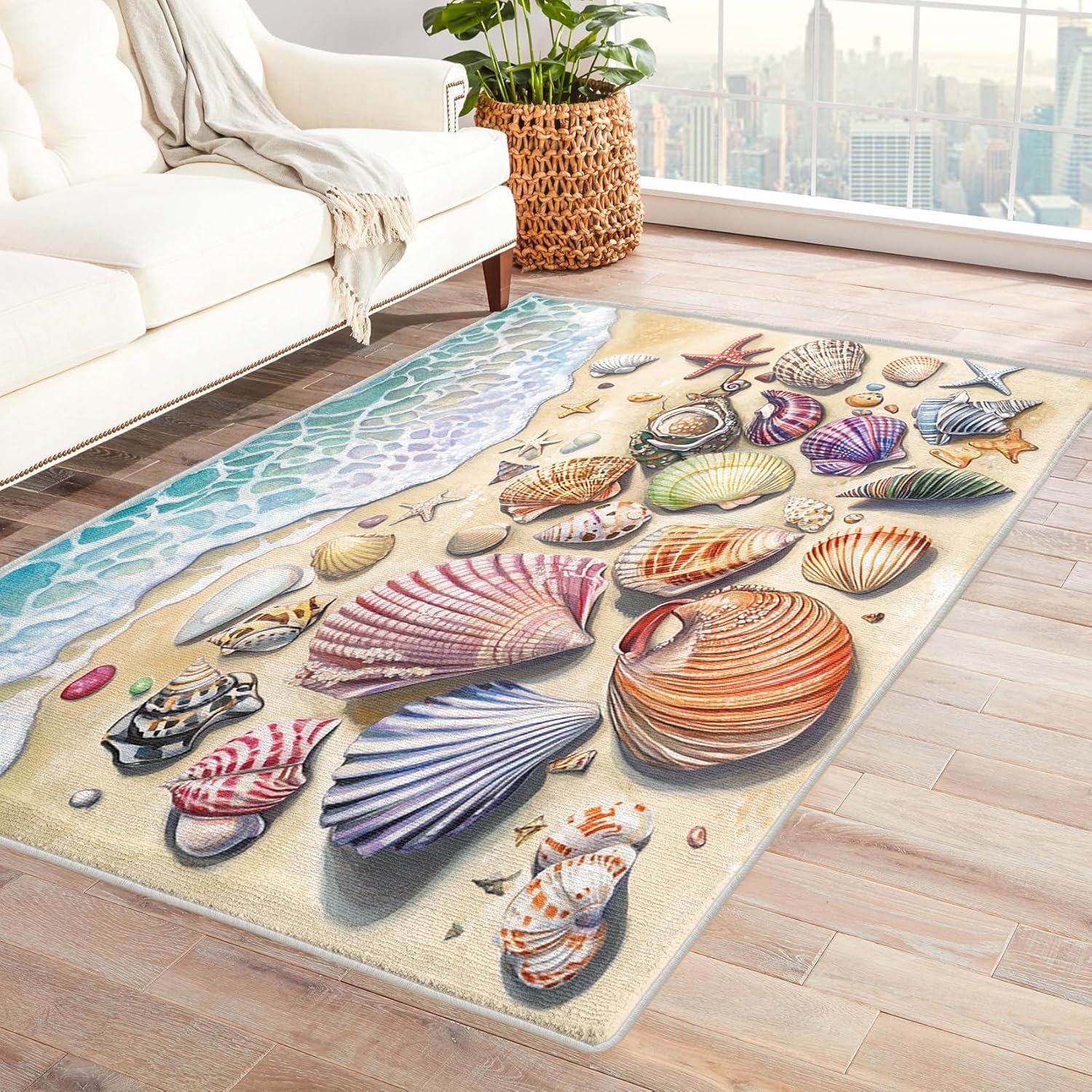 Ocean Beach Theme Throw Rug 2x3, Washable Starfish Seashell Rugs for Entryway Bedroom Kitchen, Seaside Coastal Area Rug for Home Decor, Non Slip Backing Indoor Floor Mat Carpet with Gripper