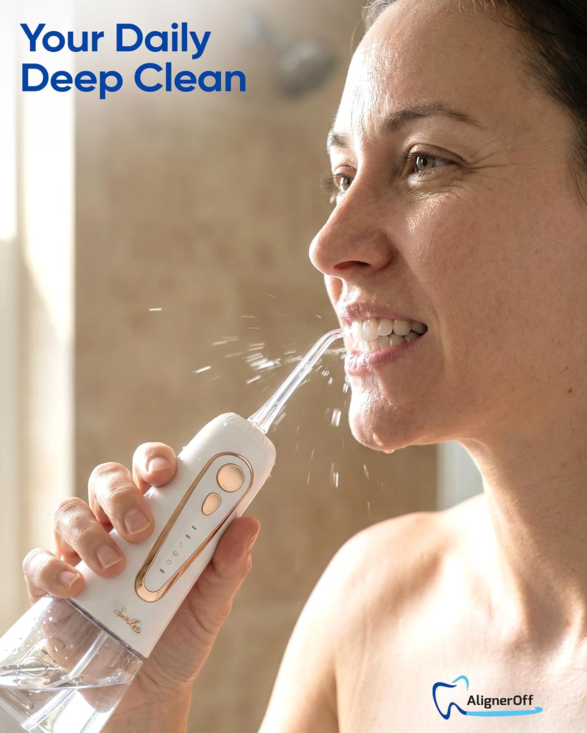 SparkLux Cordless Water Flosser – Portable Rechargeable Oral Irrigator, Waterproof Design, Multiple Pressure Modes |Sleek White Finish with Rose-Gold Trim