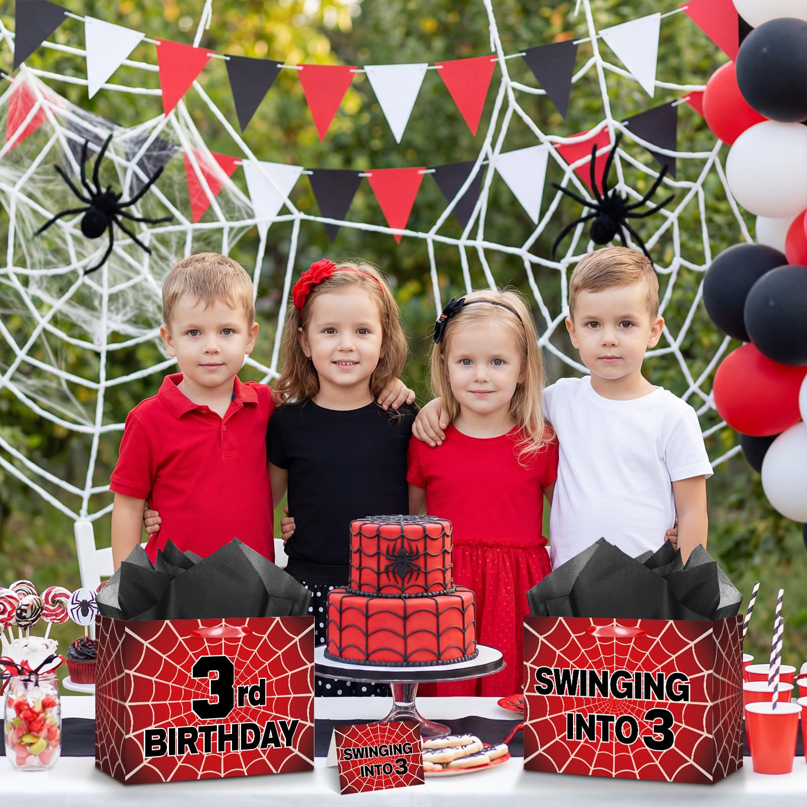 MOORIIY Spider 3rd Birthday Gift Bag with Card and Wrapping Paper, Spider 3rd Birthday Wrapping Paper Bag for Boys Red Black 3 Years Old Spider Web Bdy Decorations Supplies 11.8 x 9.4 x 5.3 inches