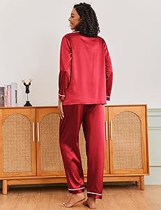Ekouaer Silk Pajamas for Women Classic Button Down Satin Pajama Sets Long Sleeve Lounge Set