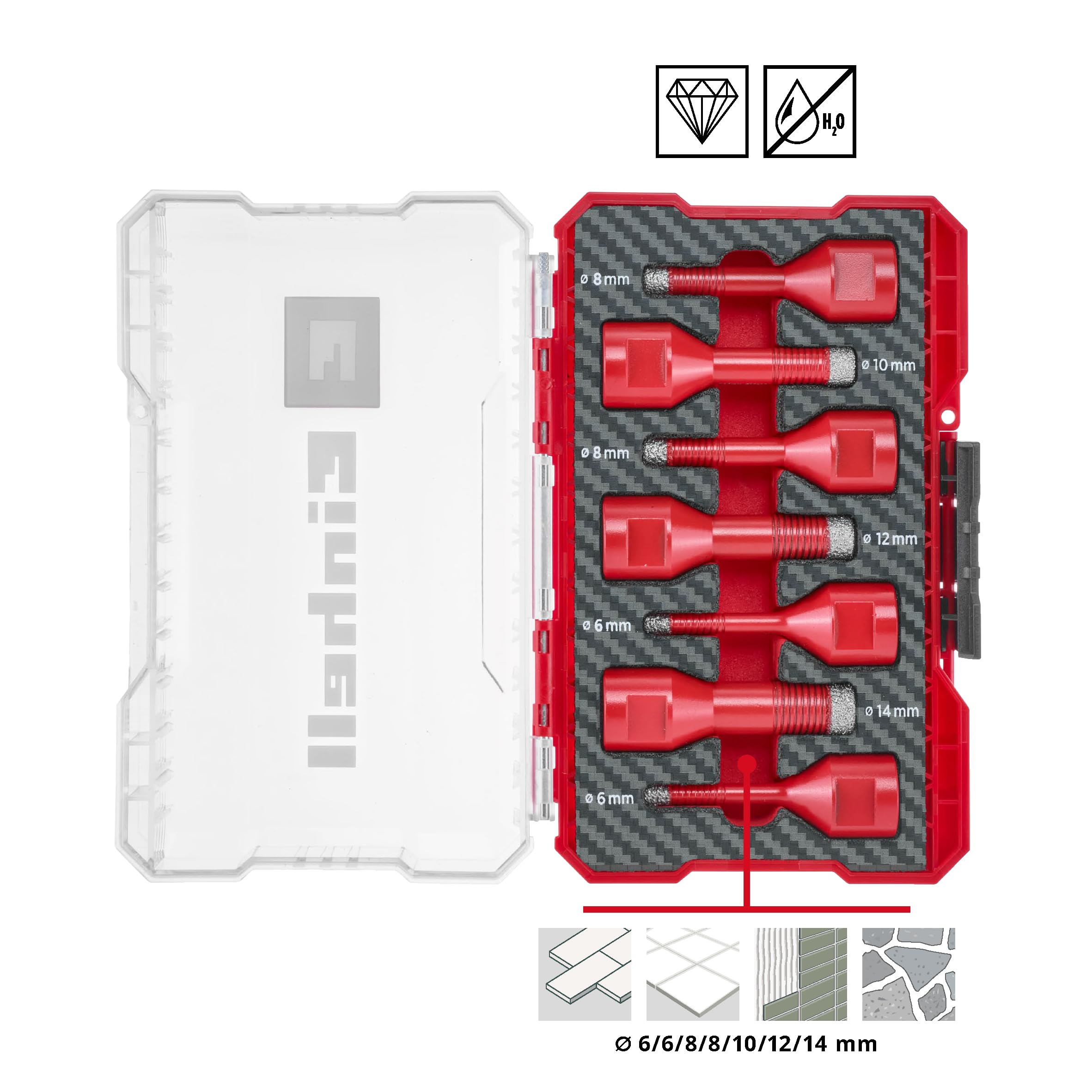 Original Einhell M-CASE - Juego de 7 brocas para azulejos (corte en seco, relleno de diamante de 7 mm, larga vida útil, refrigerante para diámetros pequeños, caja de almacenamiento incluida)