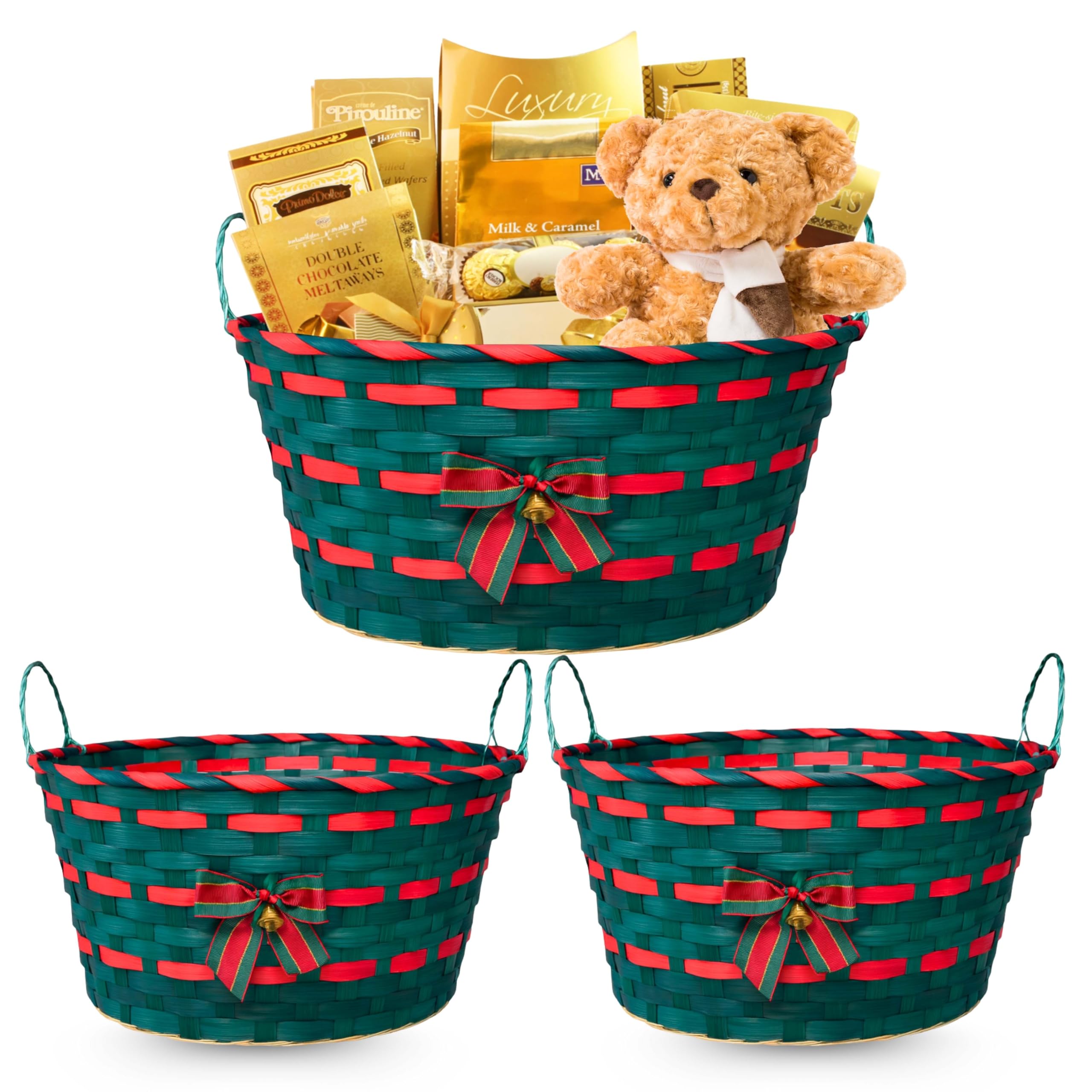 Adeptna Green Set Of 2 Hand Woven Wicker Christmas Baskets – 30Cm Festive Striped Bamboo Hampers With Handles, Decorative Bow, Holly & Bell – Natural Storage & Gift Hampers For Xmas (Green)