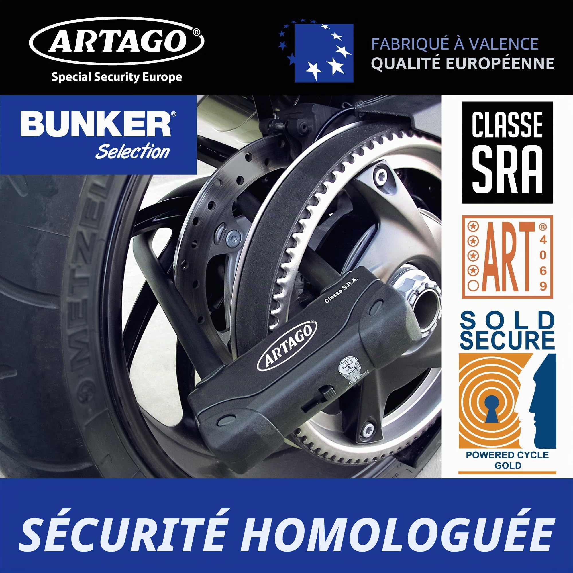 Artago 18ART270 Antivol U Moto Haut de Gamme Homologué SRA, Sold Secure Gold, ART4, BUNKER SELECTION, Acier Trempé ø18mm, Double Système de Verrouillage MRT Blindé, 85x245mm, Cadenas en U pour Moto