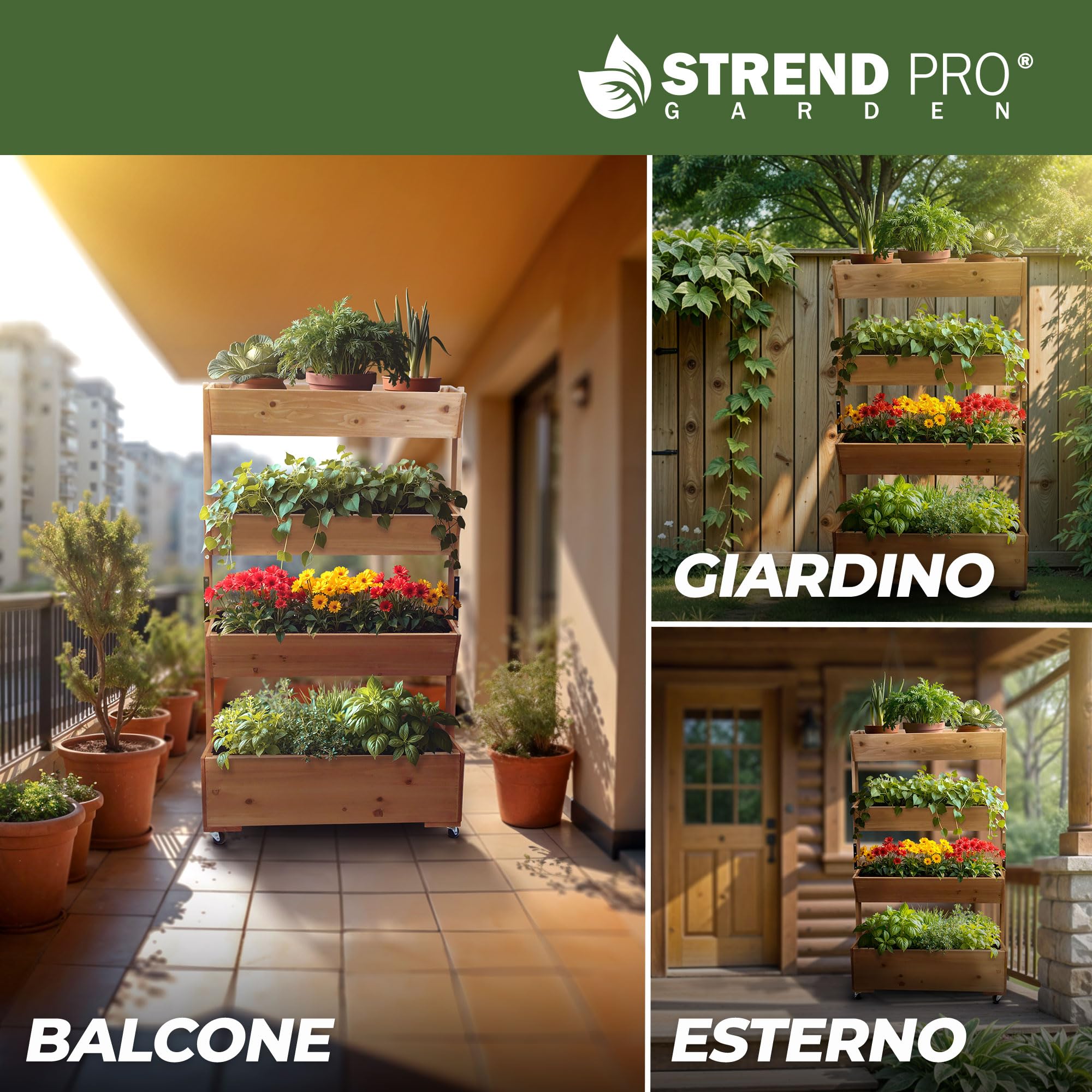 STREND PRO Balcone aiuola rialzata a 4 livelli LEGNO | 147x85x45 cm (AxLxP) | Aiuola verticale resistente alle intemperie Scala per piante da esterno | Aiuola per balcone per fiori, erbe aromatiche