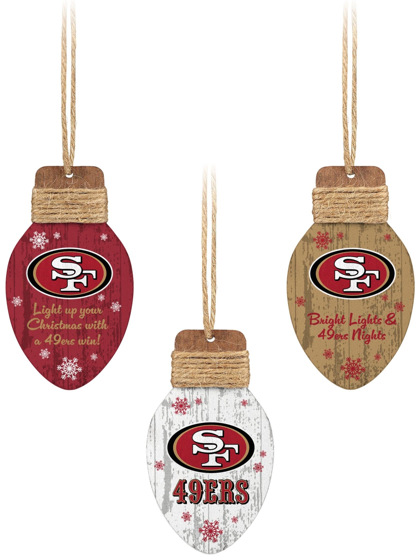 Foco Multi Color San Francisco 49Ers Nfl 3 Pack Wooden Holiday Lights Ornament Set