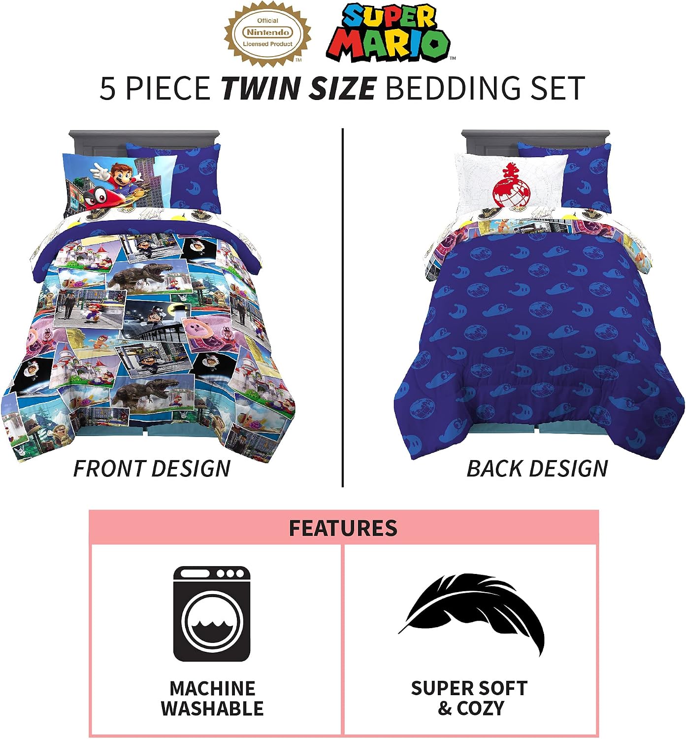 Franco Kids Comforter and Sheet Set with Sham, 5 Piece Twin Size, Mario