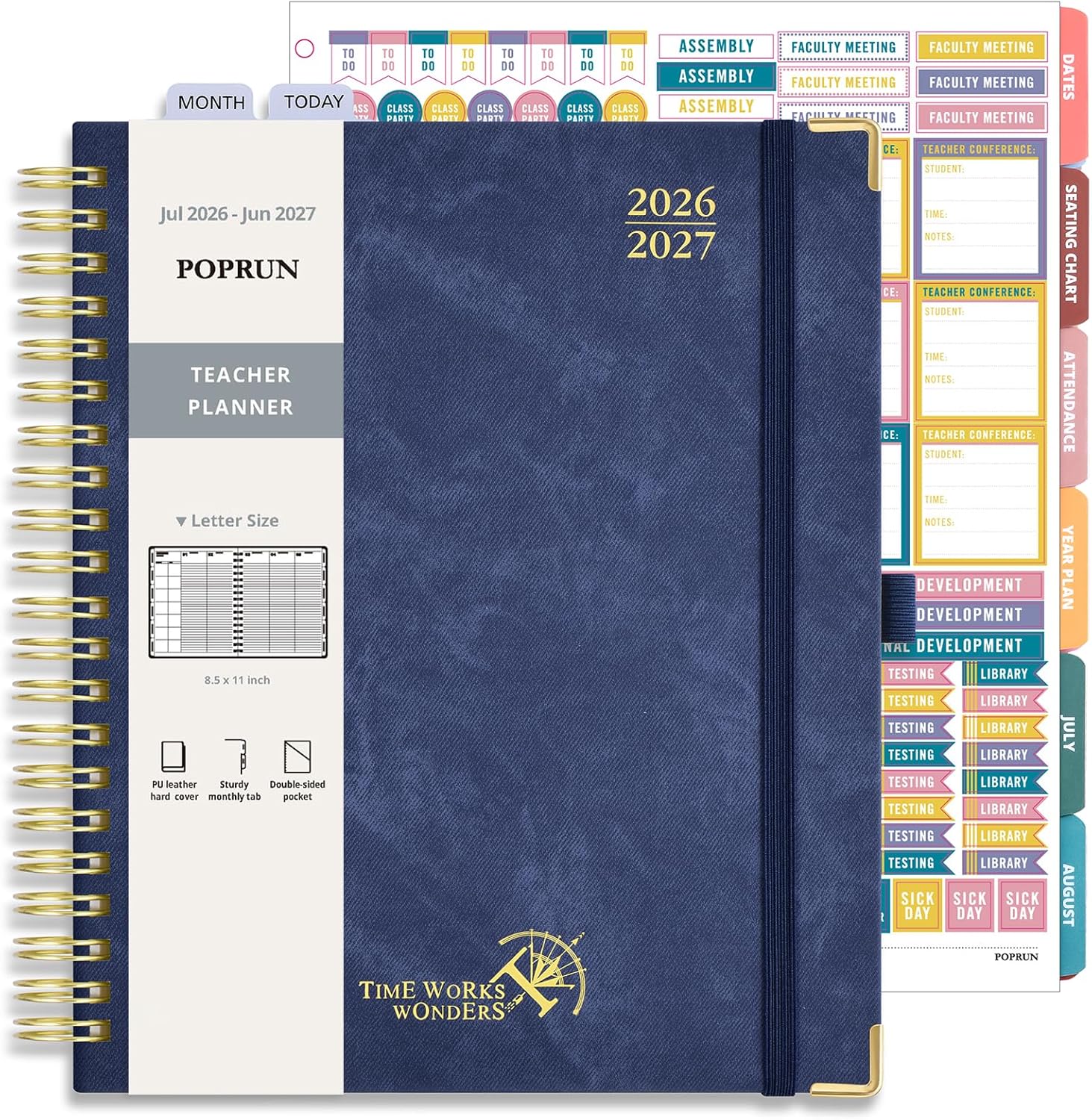 POPRUN Teacher Planner 2026-2027 Academic Year, Large Size 8.5"x 11", Monthly and Weekly Calendar, July 2026 - June 2027, Plan book with Hardcover, Spiral Bound, School Supplies for Classroom - Beige