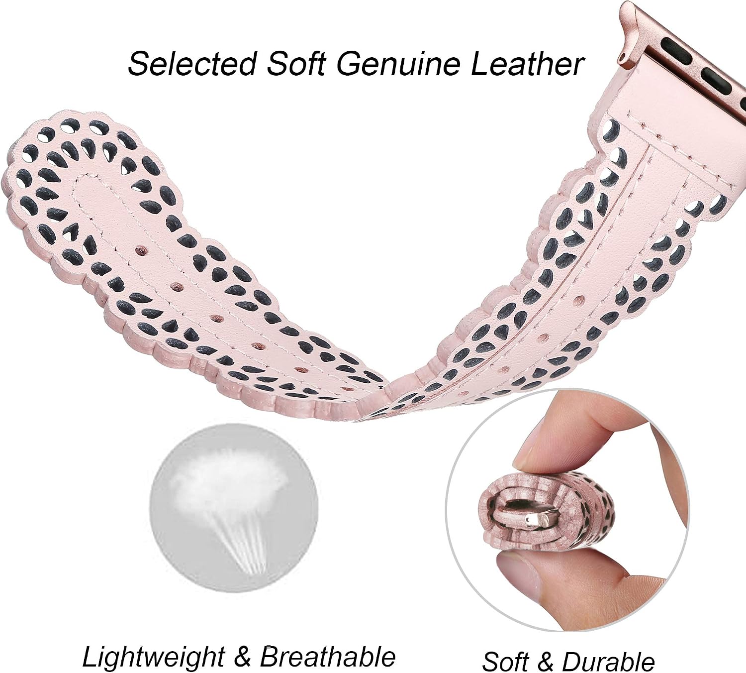 Secbolt Leather Bands Compatible with Apple Watch Band 38mm 40mm 41mm 42mm 44mm 45mm iWatch Series 8 7 SE 6 5 4 3 2 1, Breathable Chic Lace Leather Strap for Women