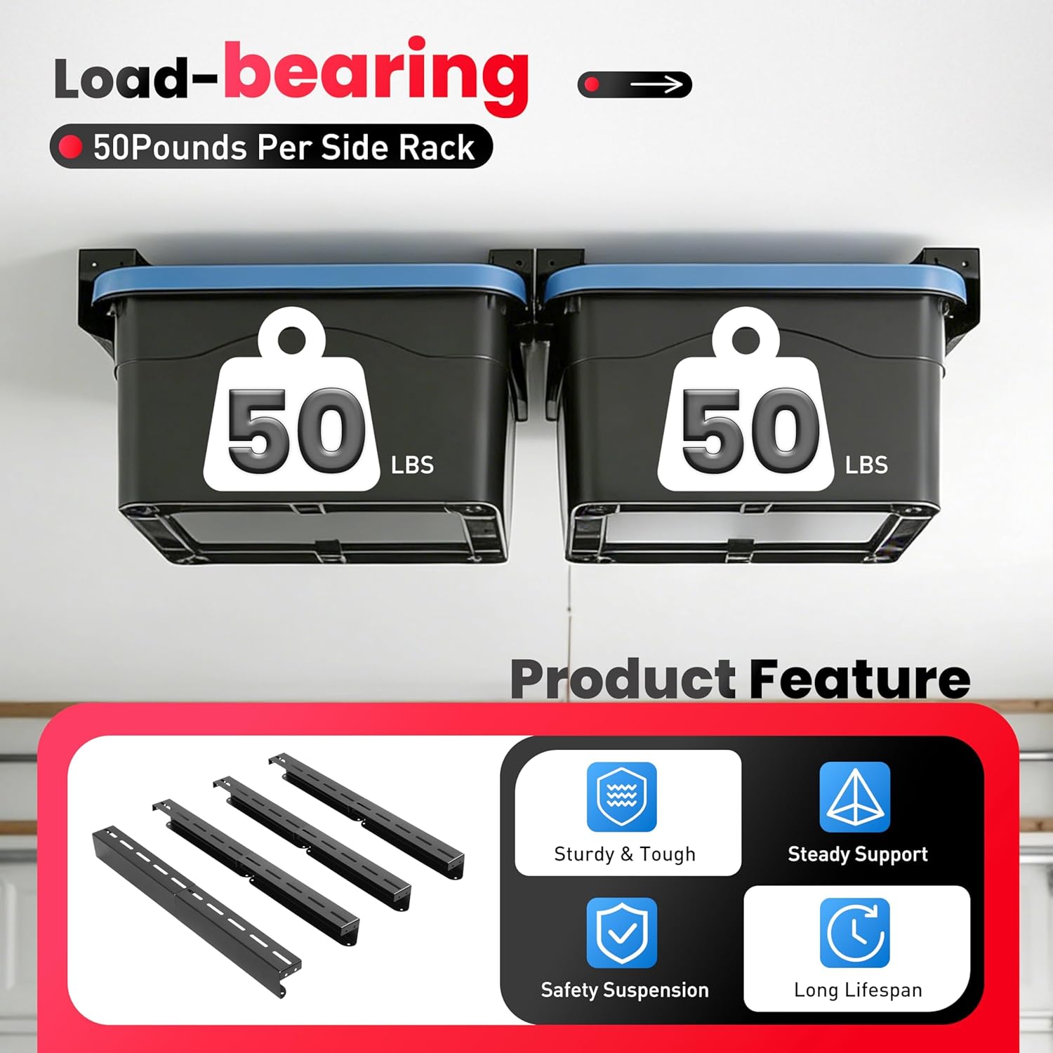 8pcs Heavy Duty Overhead Garage Storage Rack, Connectable Single Rail Steel Ceiling Rails for Bin Organization System, Holds Up to 4 Bins, 4 Sets Black