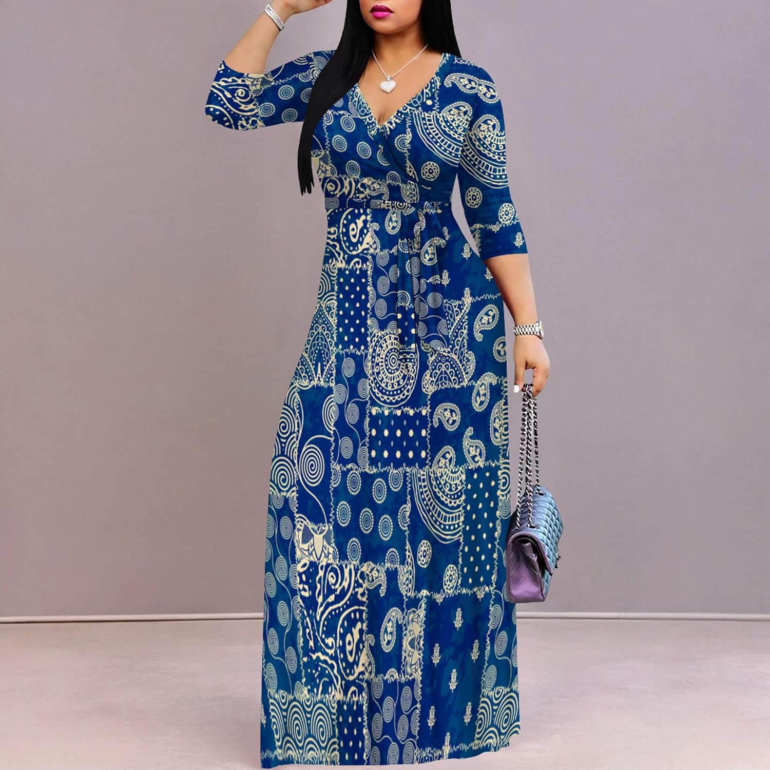 Plus Size Dresses for Women Print Maxi Dresses Flowy 3/4 Sleeve with Belt - Image 5