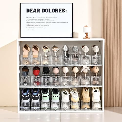 Miniatura 2 de Organizador de ranuras para zapatos, paquete de 12 apiladores de zapatos transparentes para un par de zapatos, zapatero ajustable con tres niveles,