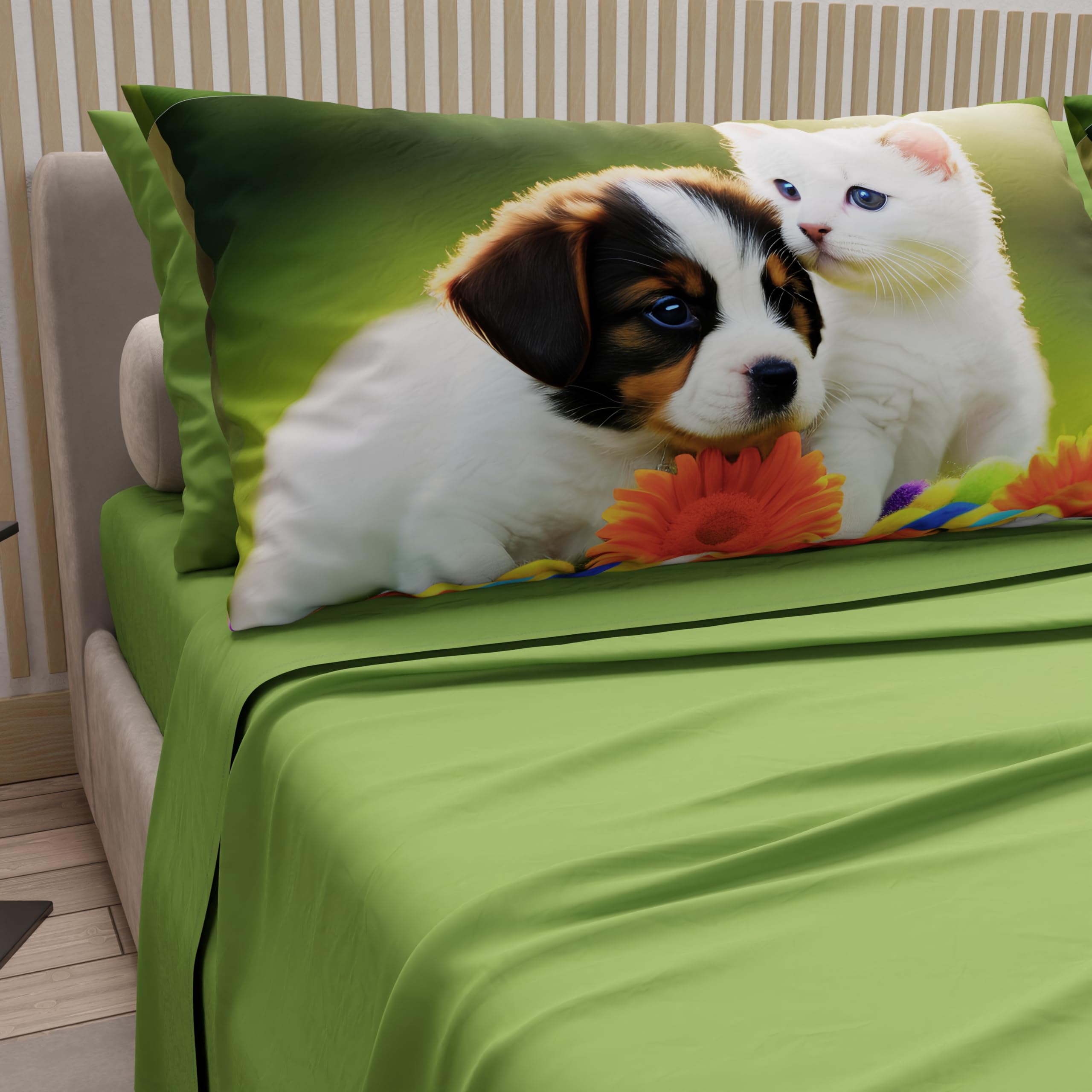 PETTI Artigiani Italiani, Animal Bed Linen with Cats and Dogs in Cotton with Pillowcases in Digital Print, Single Bed Sheet