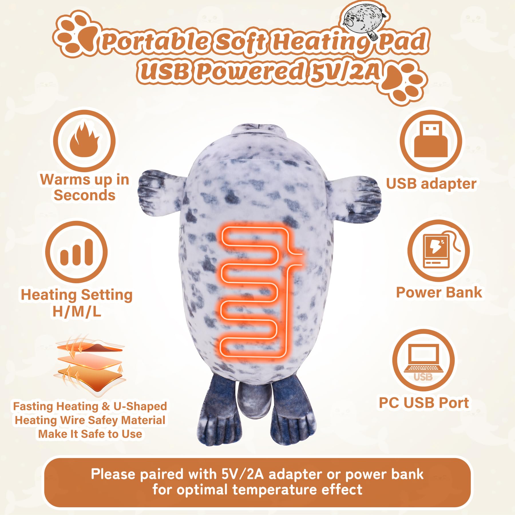 Seal - Cuscinetto riscaldante in peluche per alleviare il dolore, cuscino riscaldato unisex per crampi, copertura in peluche per collo, spalle e schiena, cuscino riscaldato a forma di animale