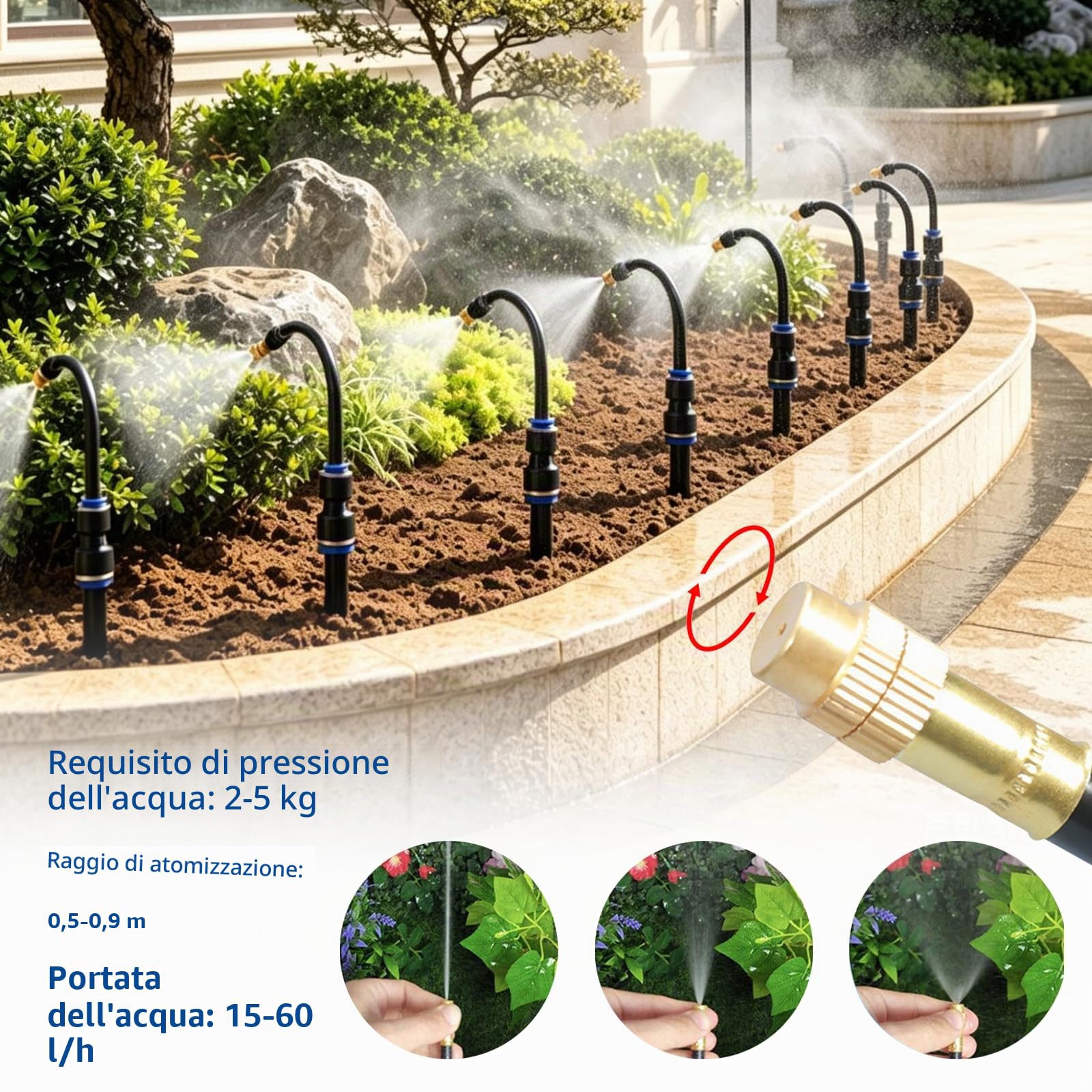 Sistema di irrigazione da giardino, 15 m, sistema di irrigazione automatico a 360°, con ugello a spruzzo regolabile, kit di irrigazione a nebulizzazione, per piante in giardino e balcone, con tasselli