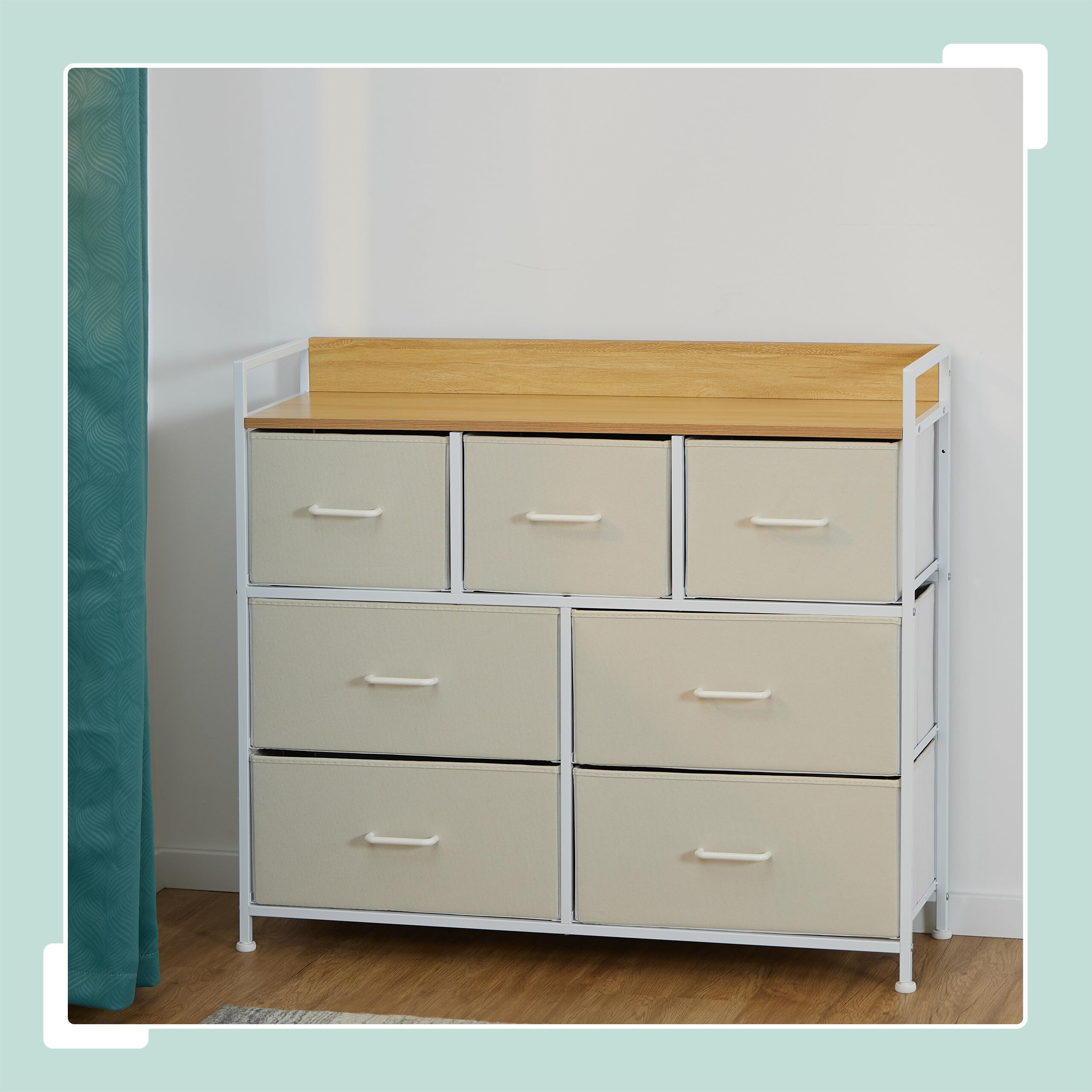 Relaxdays Cómoda 7 Cajones, 85 x 100 x 30,5 cm, Mueble Recibidor, Pasillo y Dormitorio, Cajonera Moderna, Beige y Blanco