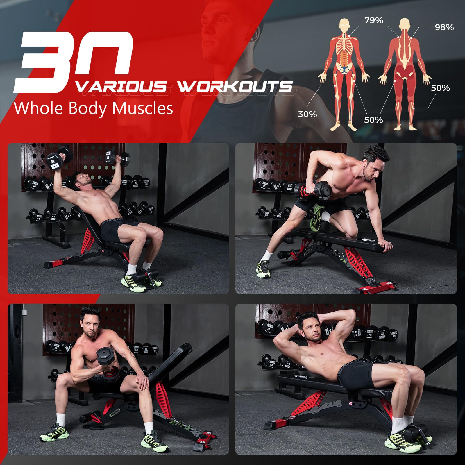 Weight Bench, Heavy Duty Bench and 8 Adjustable Positions Workout Bench Press for Home Gym Strength Training