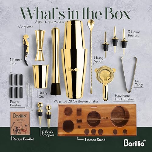 Miniatura 56 de Barillio Kit de barman de oro rosa – Juego de coctelera de acero inoxidable con soporte de bambú negro – Herramientas de barra de mixología con Rosa