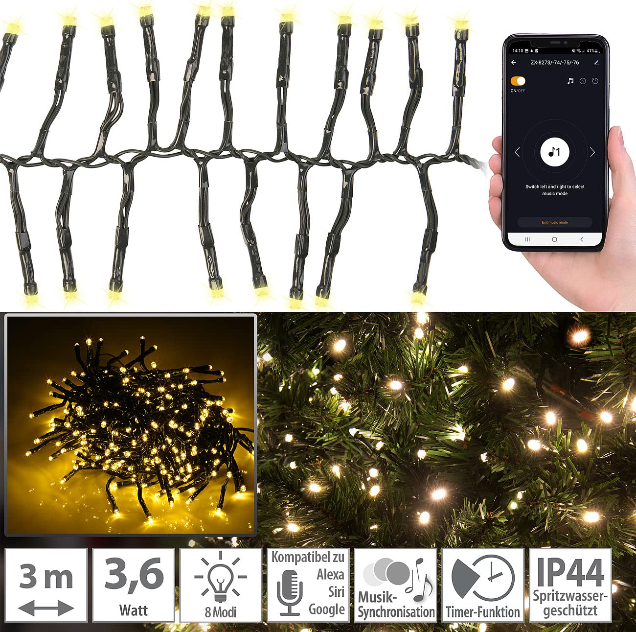 Lunartec Smart Home Lichterkette: 2er-Set WLAN-LED-Büschel-Lichterketten, 300 LEDs, App, 6 m, dunkelgrün (Lichterkette Strom innen, Partylichterketten außen Strom, Dimmer)